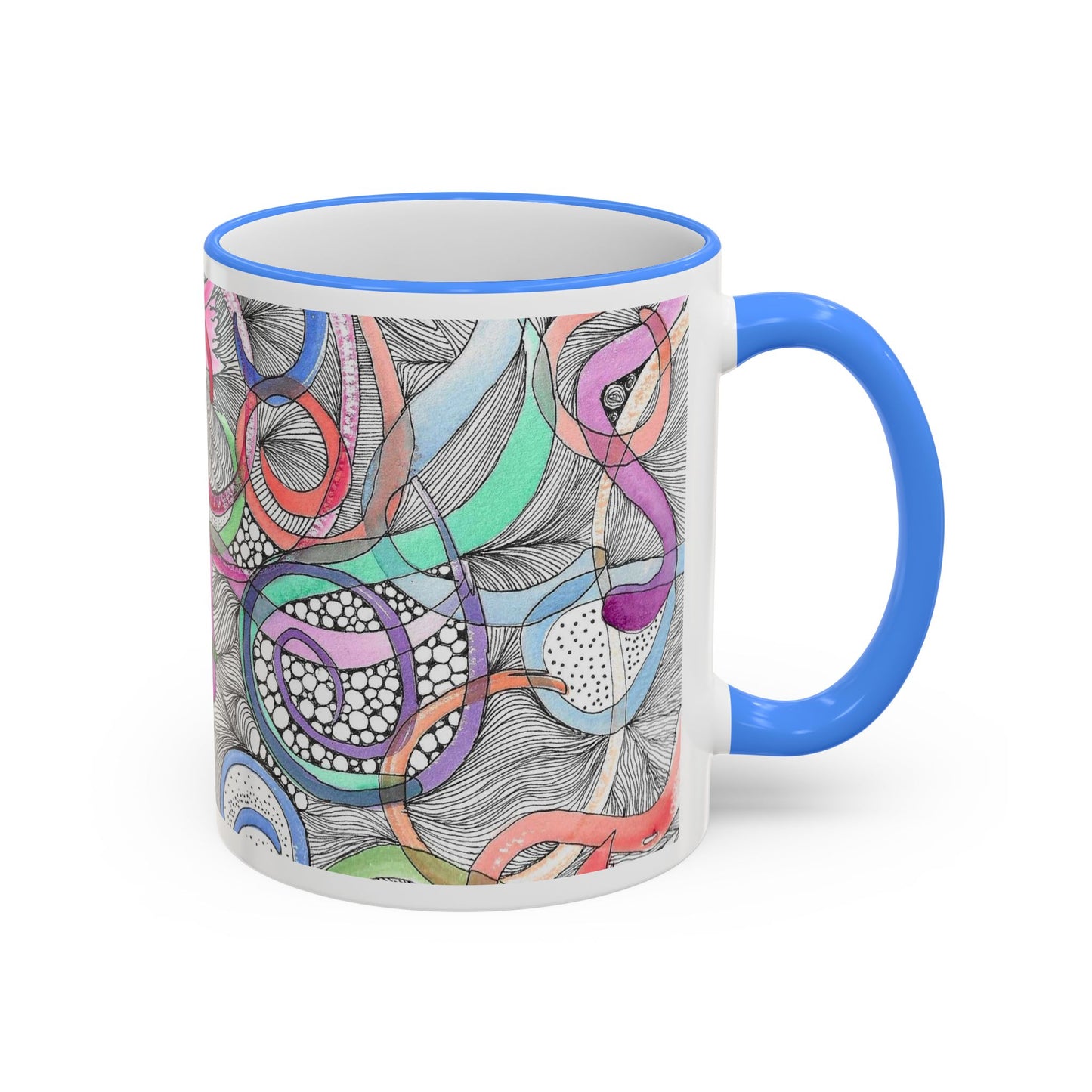 Abstract Colorful Swirls Accent Rim Mug — Artistic Floral Doodle Coffee Cup (11oz/15oz)