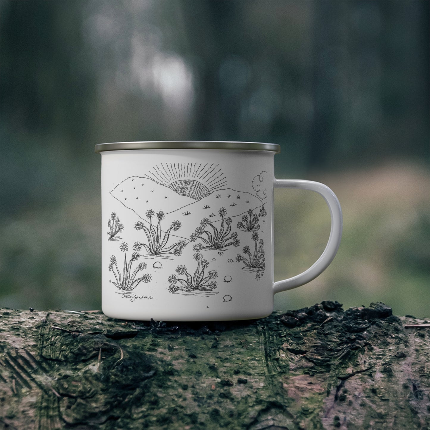 Enamel Camping Mug — Hand-Drawn Desert Sunrise Illustration