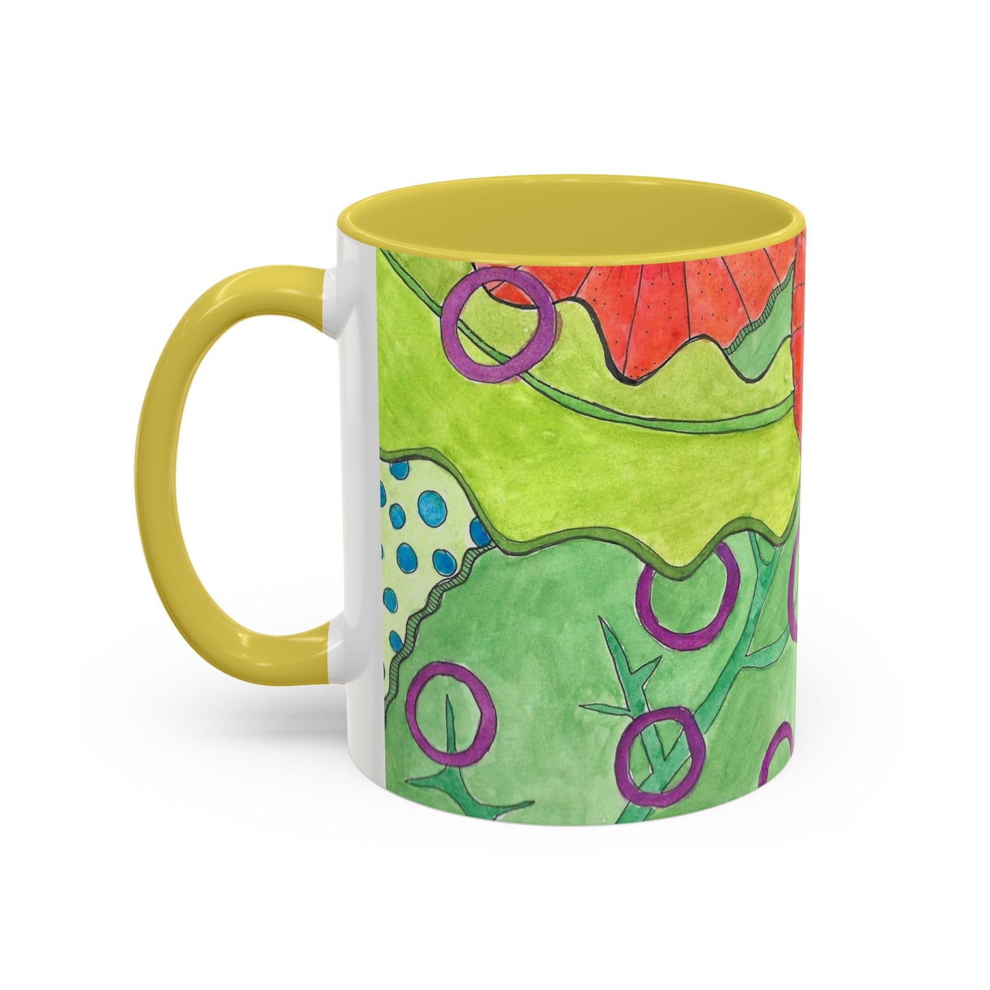 Floral Pop Art Mug — Bright Red Poppies on Green Background 11oz