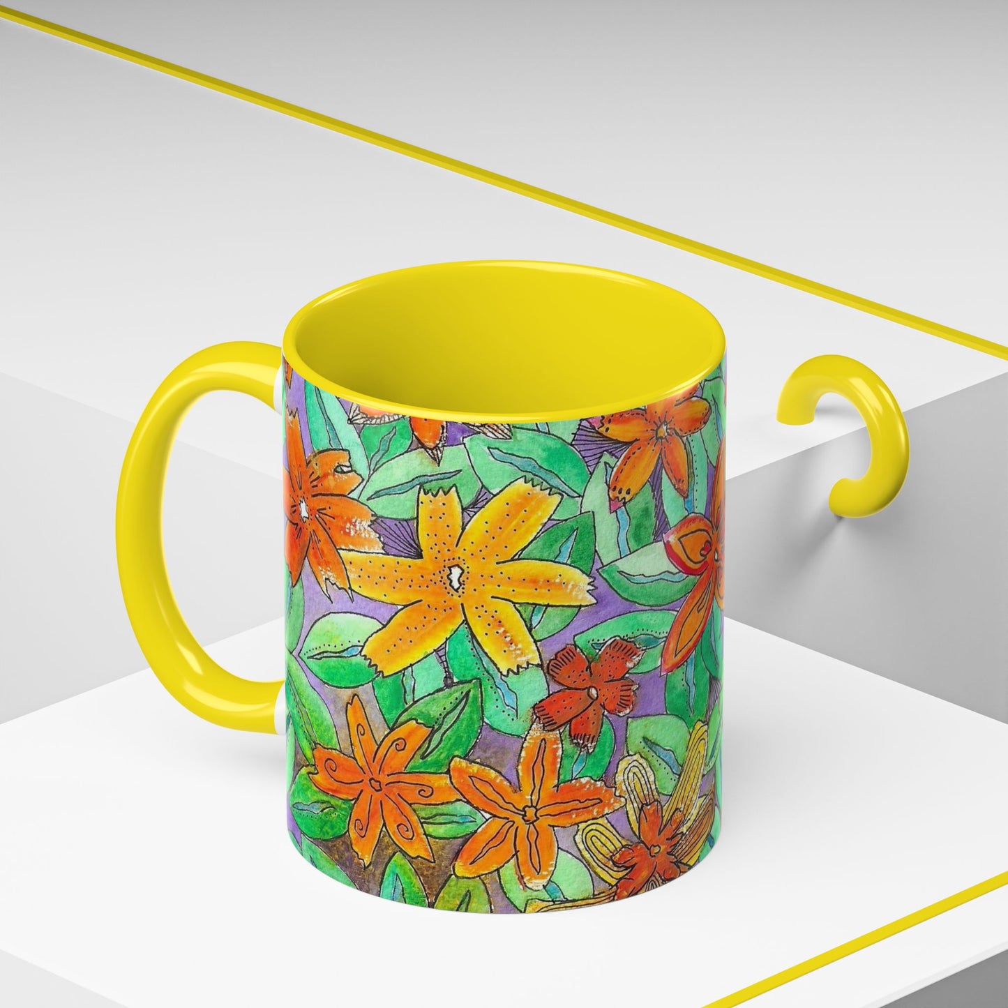 Floral Burst Accent Coffee Mug — Orange & Green Hand-Drawn Flower Design (11 oz)