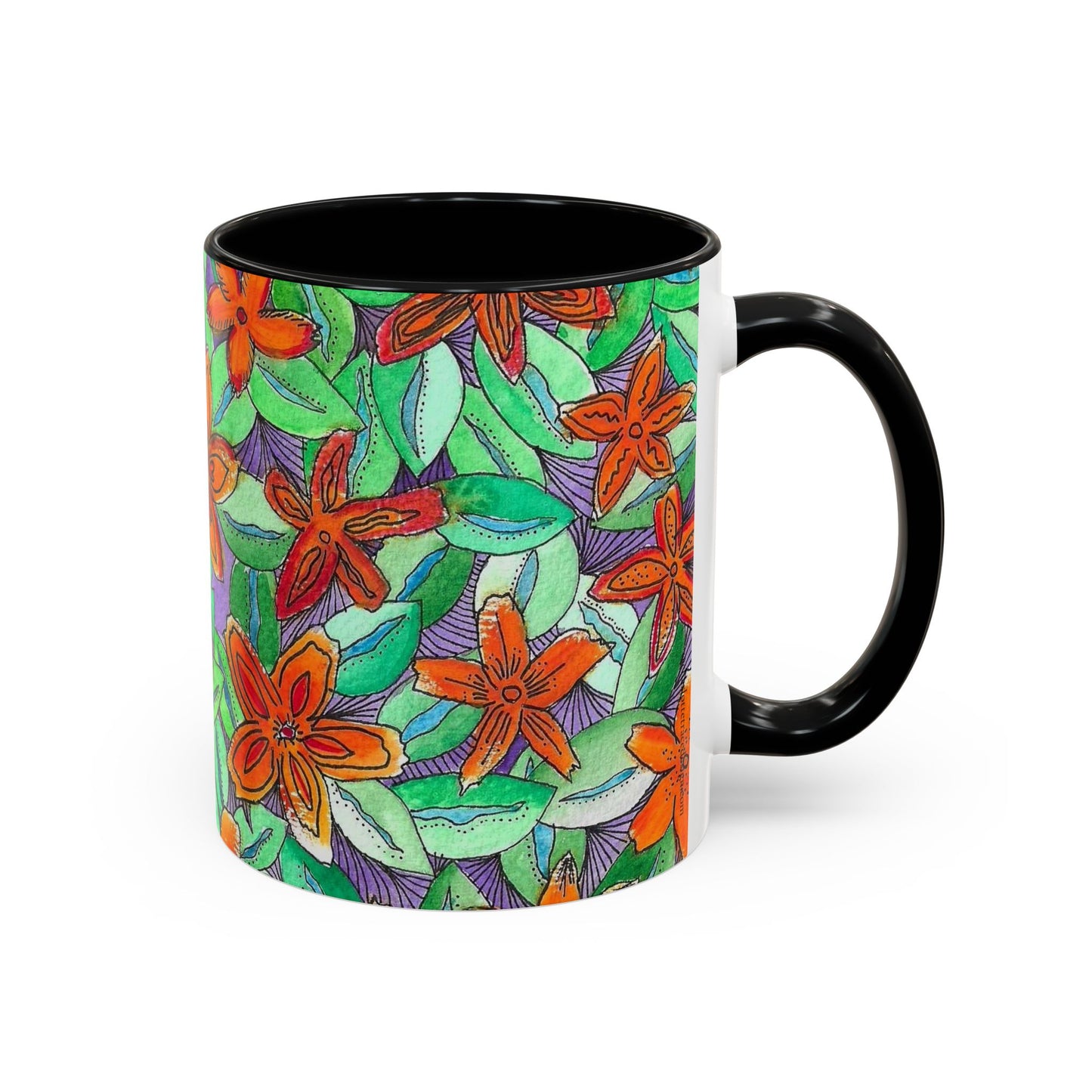 Floral Burst Accent Coffee Mug — Orange & Green Hand-Drawn Flower Design (11 oz)