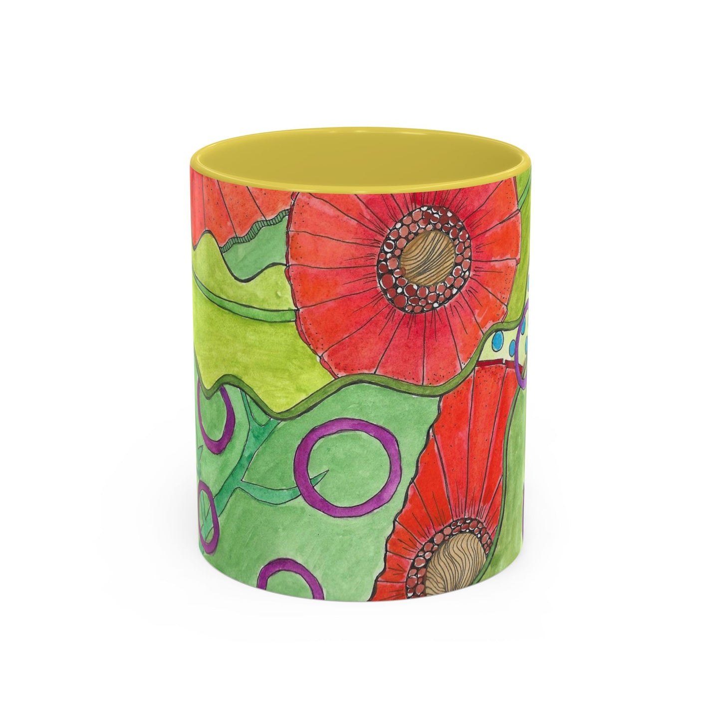Floral Pop Art Mug — Bright Red Poppies on Green Background 11oz