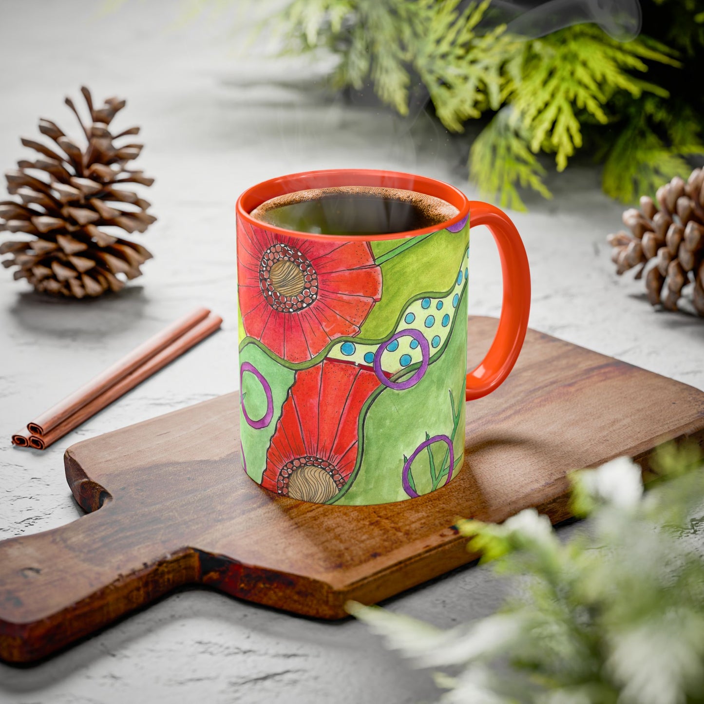 Floral Pop Art Mug — Bright Red Poppies on Green Background 11oz