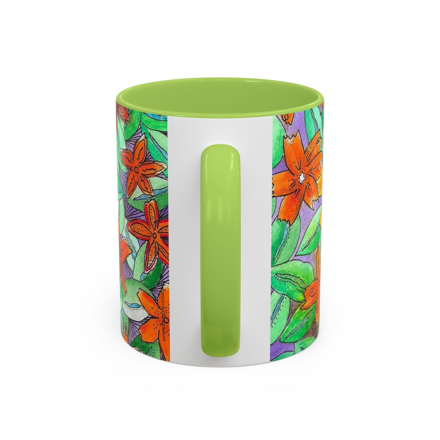 Floral Burst Accent Coffee Mug — Orange & Green Hand-Drawn Flower Design (11 oz)