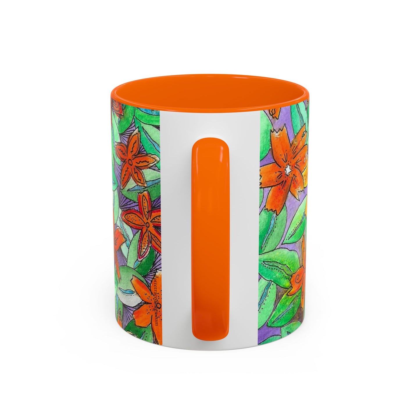 Floral Burst Accent Coffee Mug — Orange & Green Hand-Drawn Flower Design (11 oz)