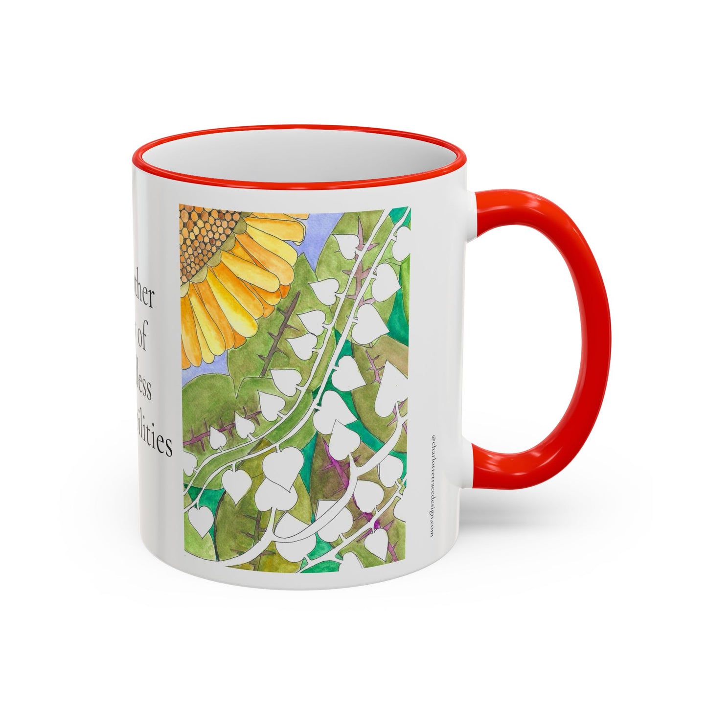 Inspirational Sunflower Accent Rim Mug — "Another day of endless possibilities" 11oz