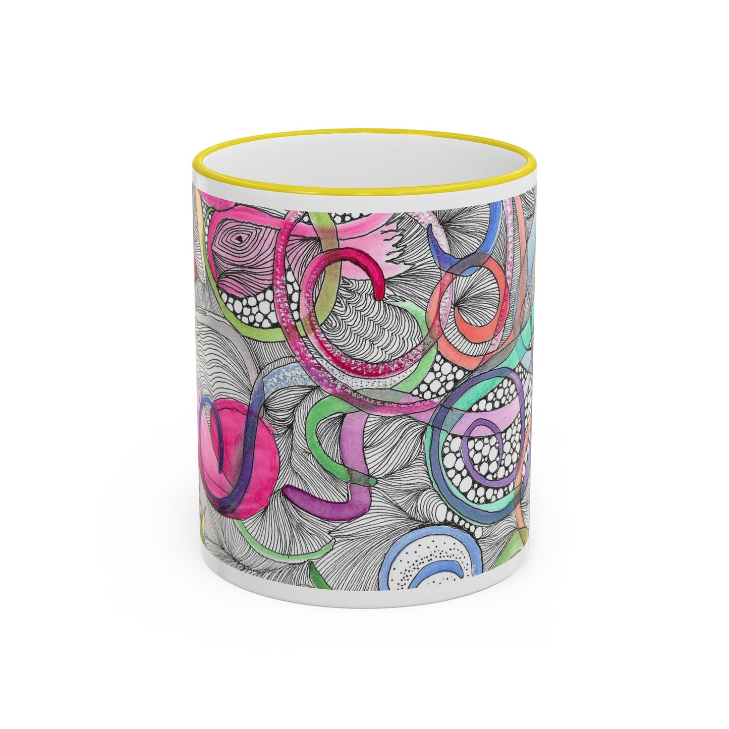 Abstract Colorful Swirls Accent Rim Mug — Artistic Floral Doodle Coffee Cup (11oz/15oz)