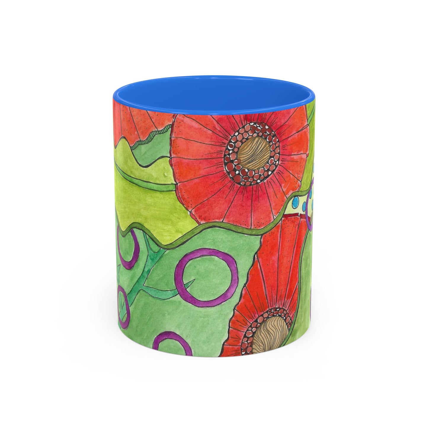 Floral Pop Art Mug — Bright Red Poppies on Green Background 11oz