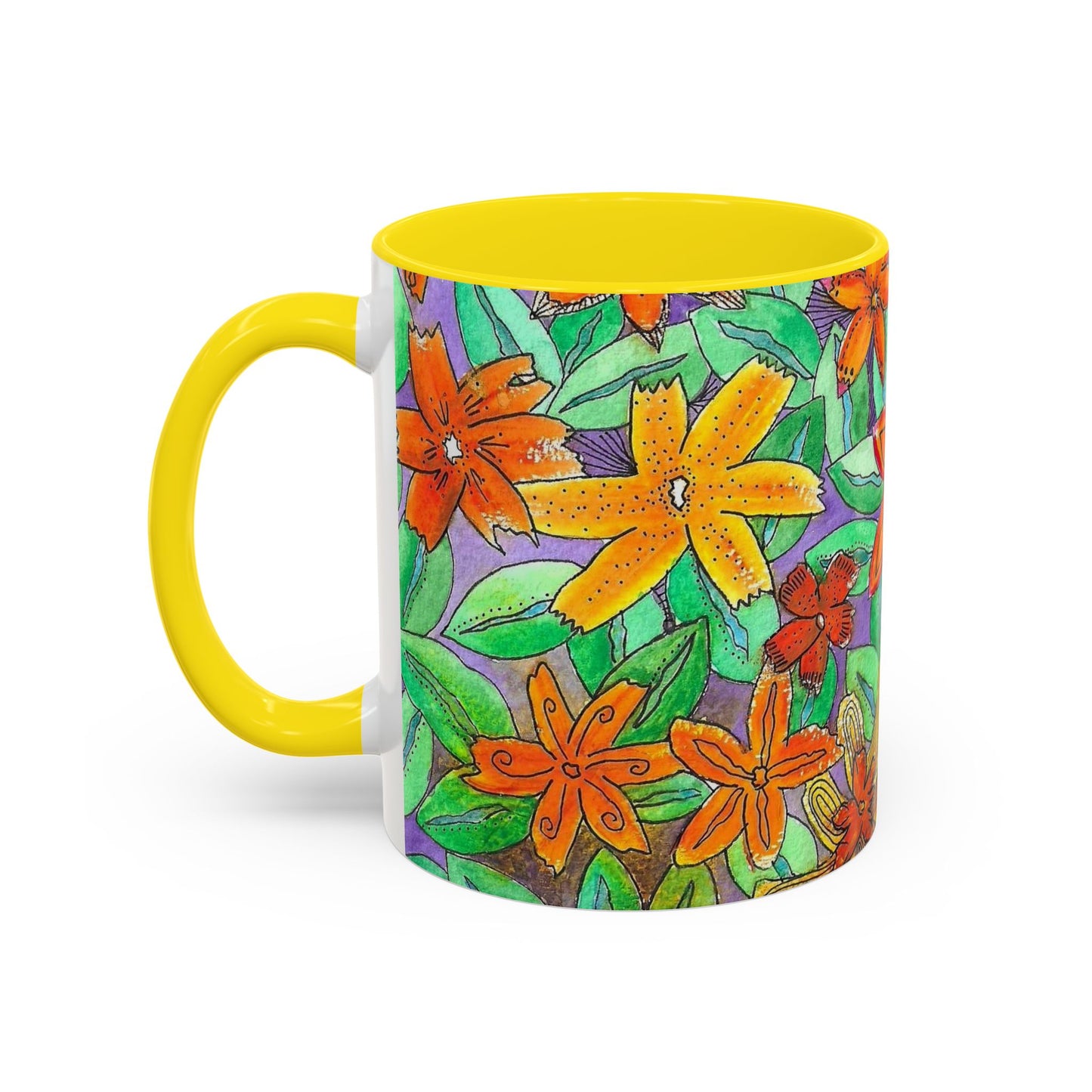 Floral Burst Accent Coffee Mug — Orange & Green Hand-Drawn Flower Design (11 oz)