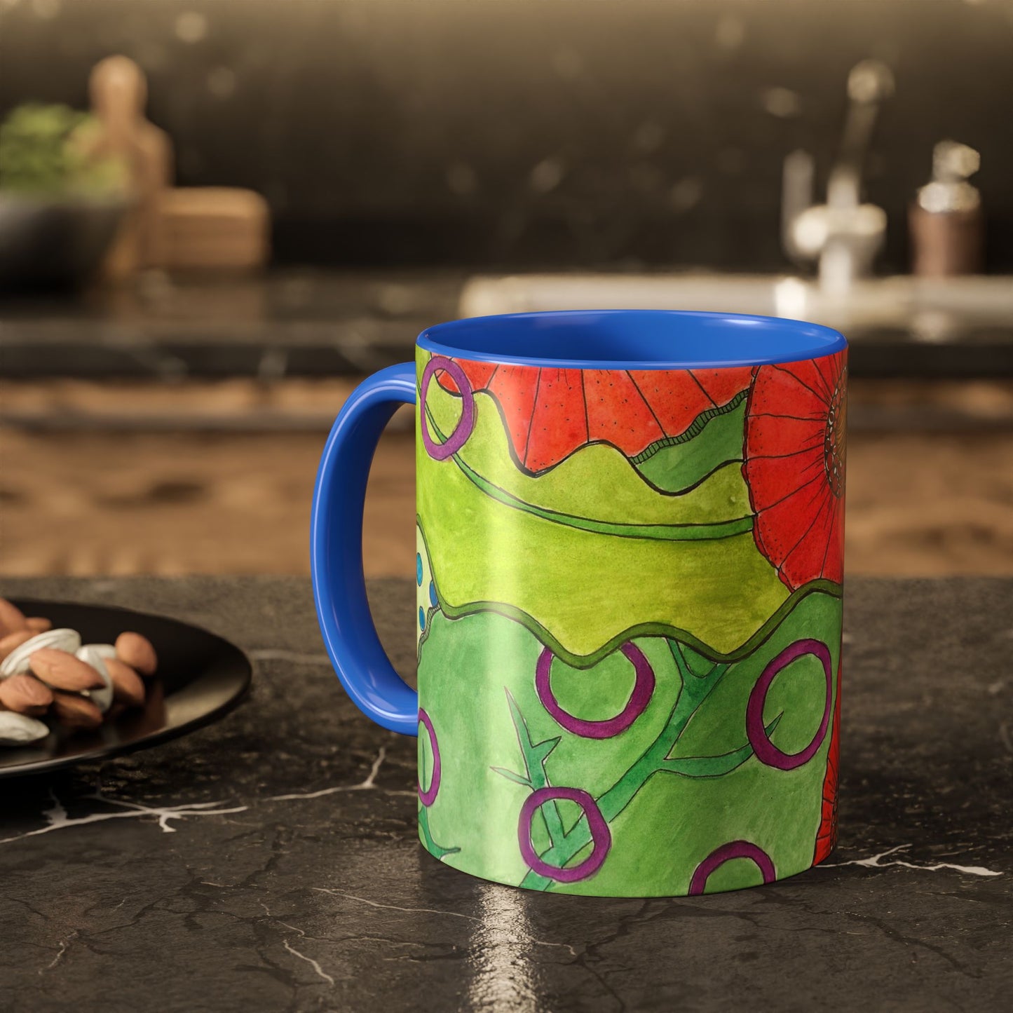 Floral Pop Art Mug — Bright Red Poppies on Green Background 11oz