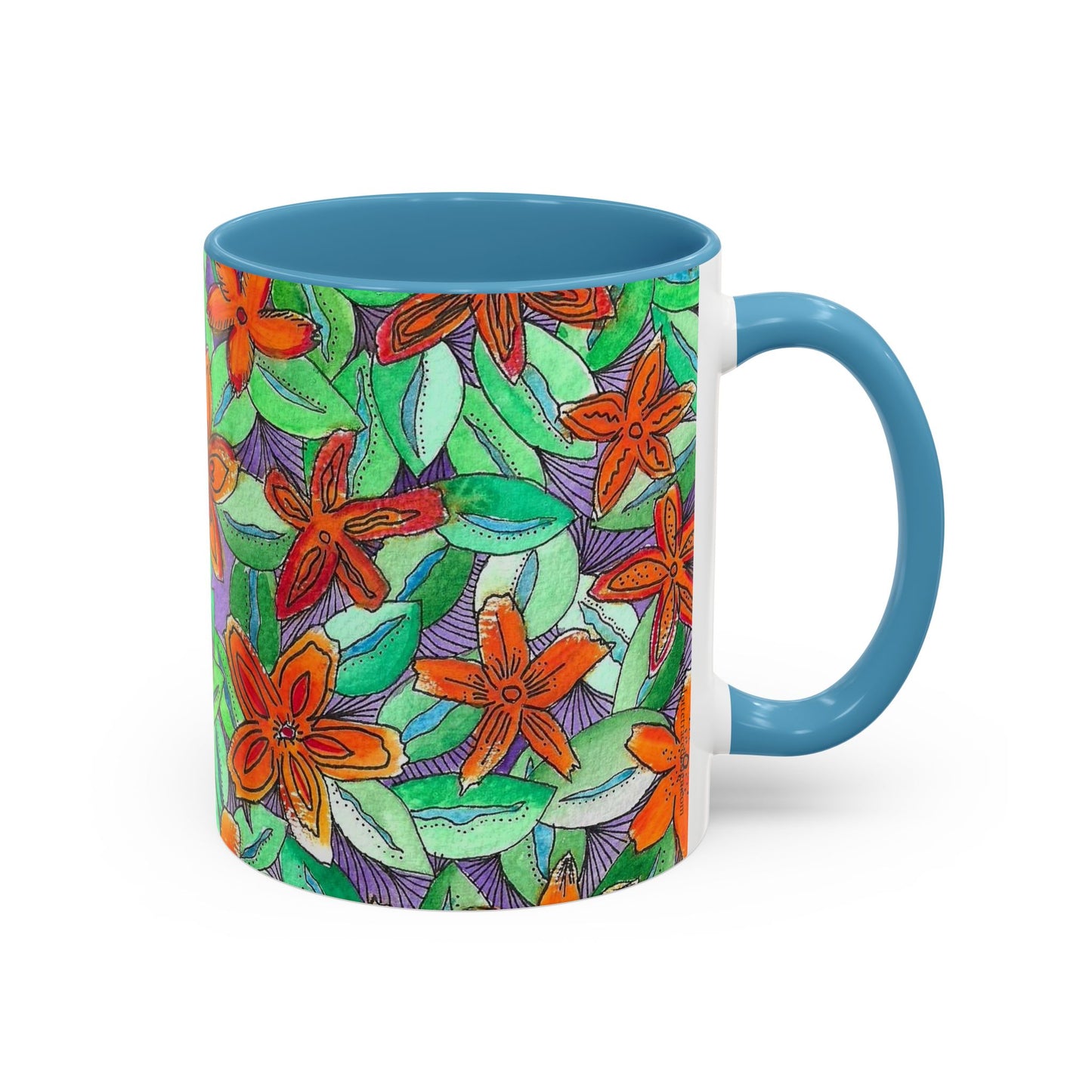 Floral Burst Accent Coffee Mug — Orange & Green Hand-Drawn Flower Design (11 oz)