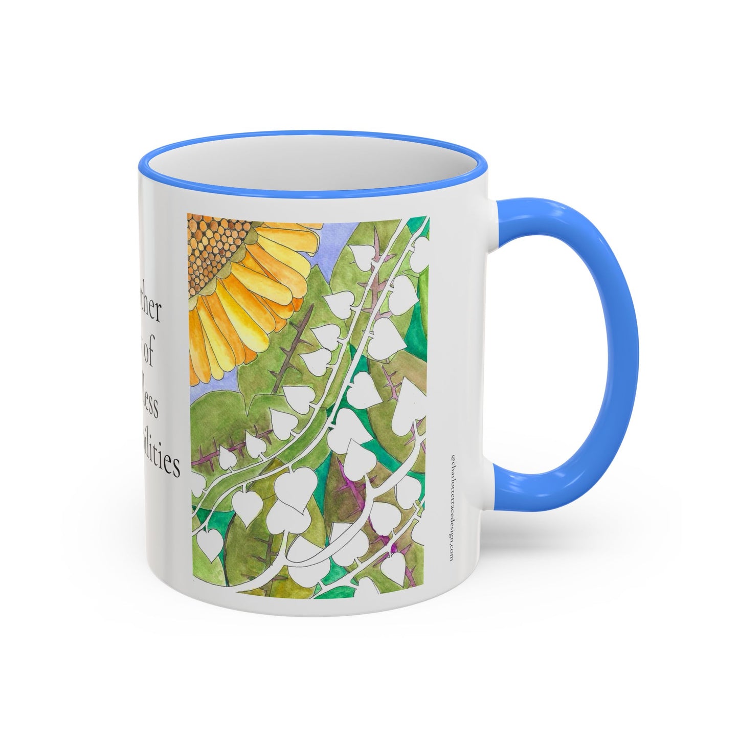 Inspirational Sunflower Accent Rim Mug — "Another day of endless possibilities" 11oz