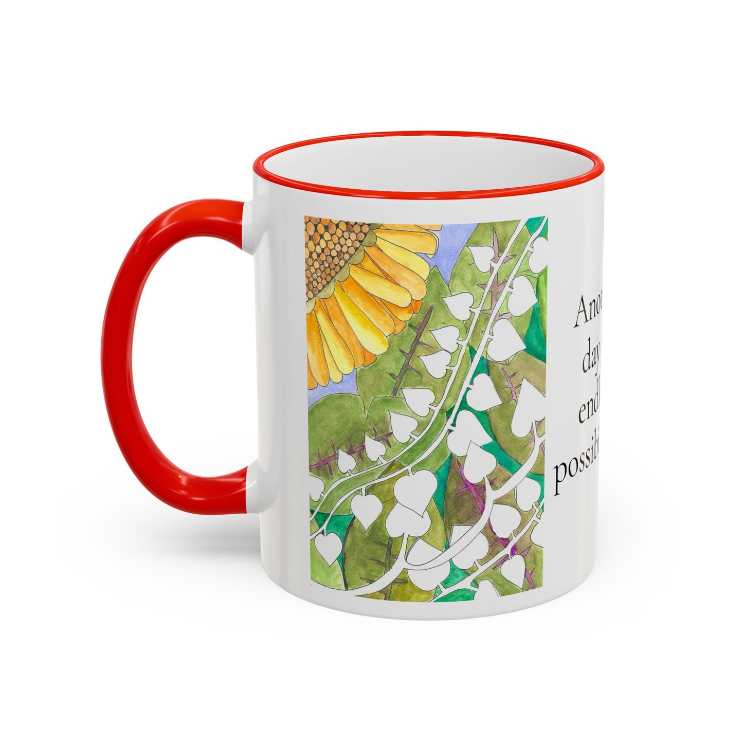 Inspirational Sunflower Accent Rim Mug — "Another day of endless possibilities" 11oz