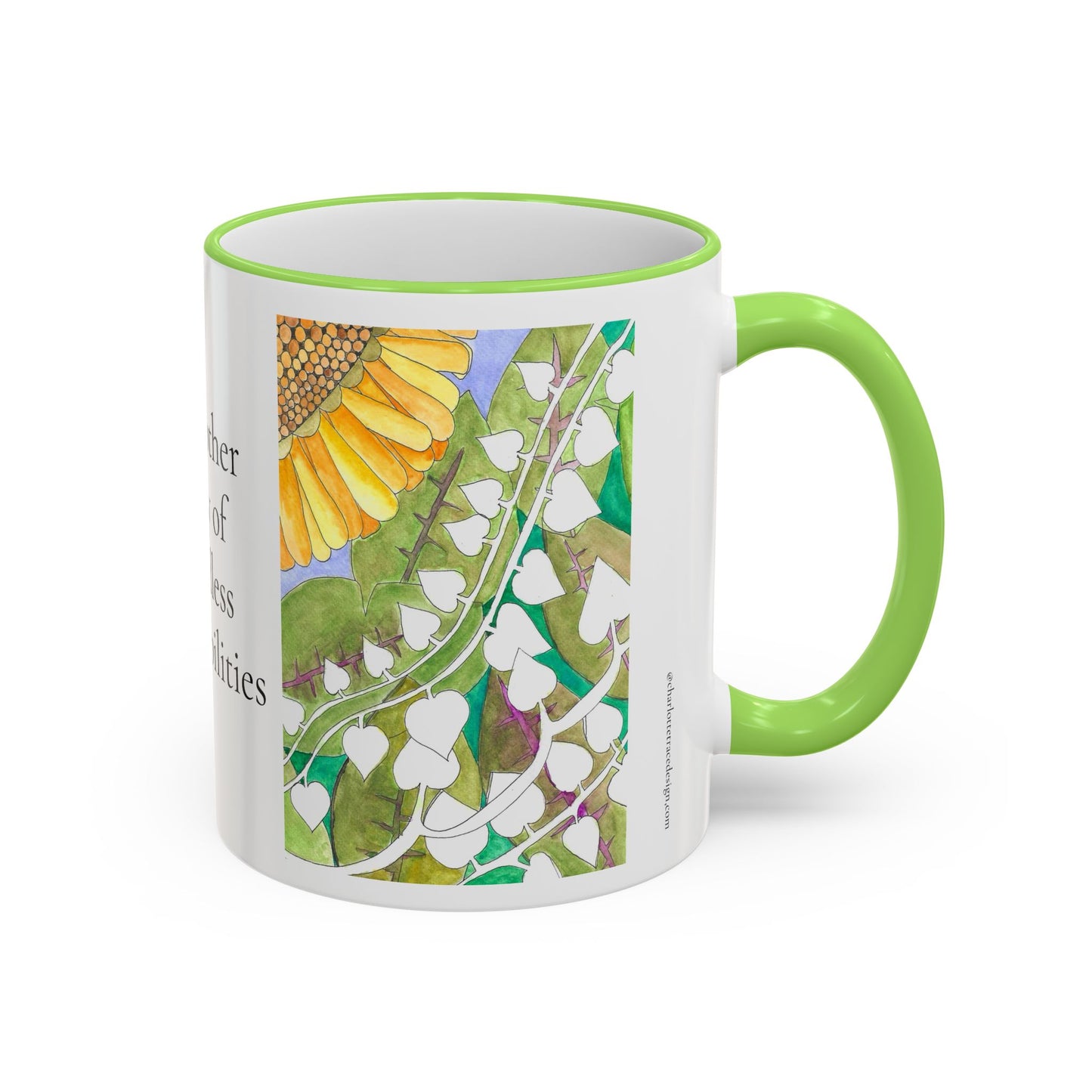Inspirational Sunflower Accent Rim Mug — "Another day of endless possibilities" 11oz