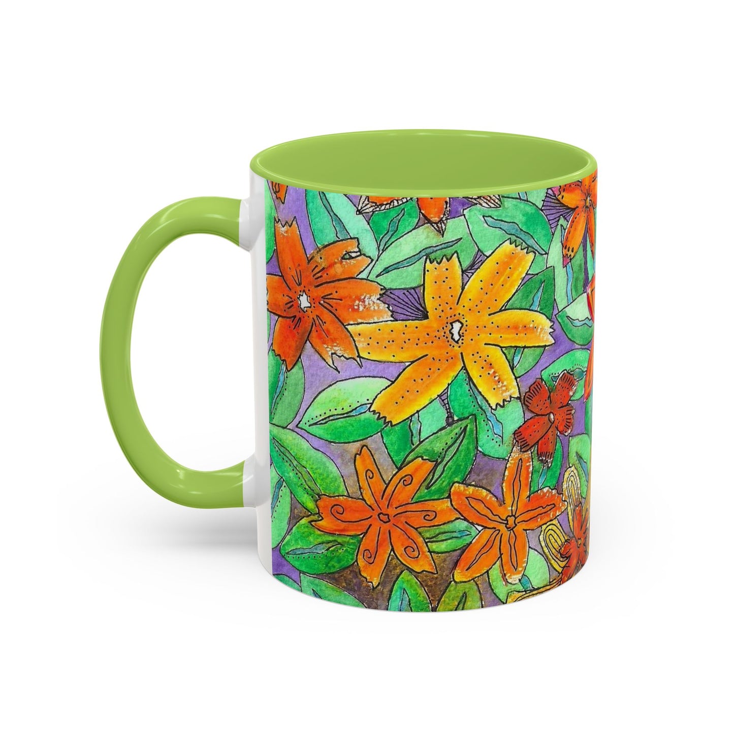 Floral Burst Accent Coffee Mug — Orange & Green Hand-Drawn Flower Design (11 oz)