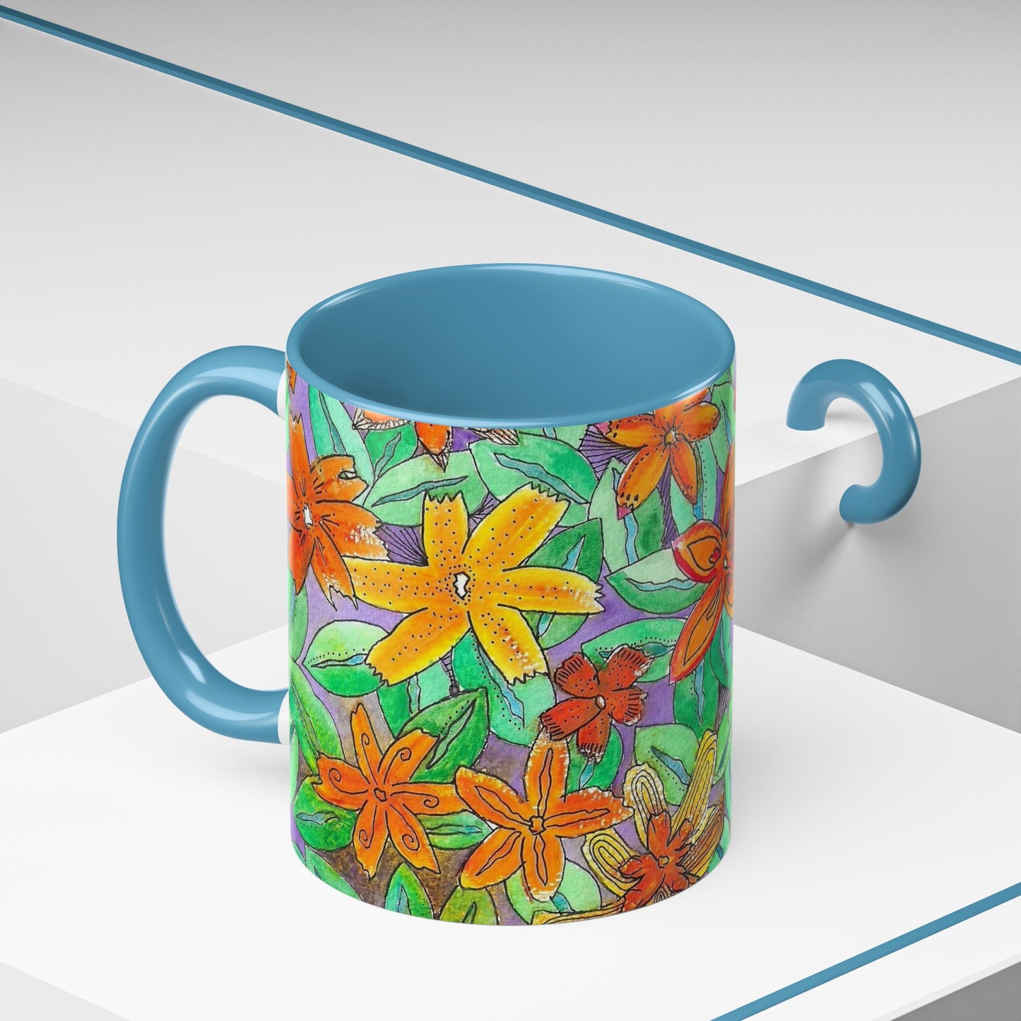 Floral Burst Accent Coffee Mug — Orange & Green Hand-Drawn Flower Design (11 oz)