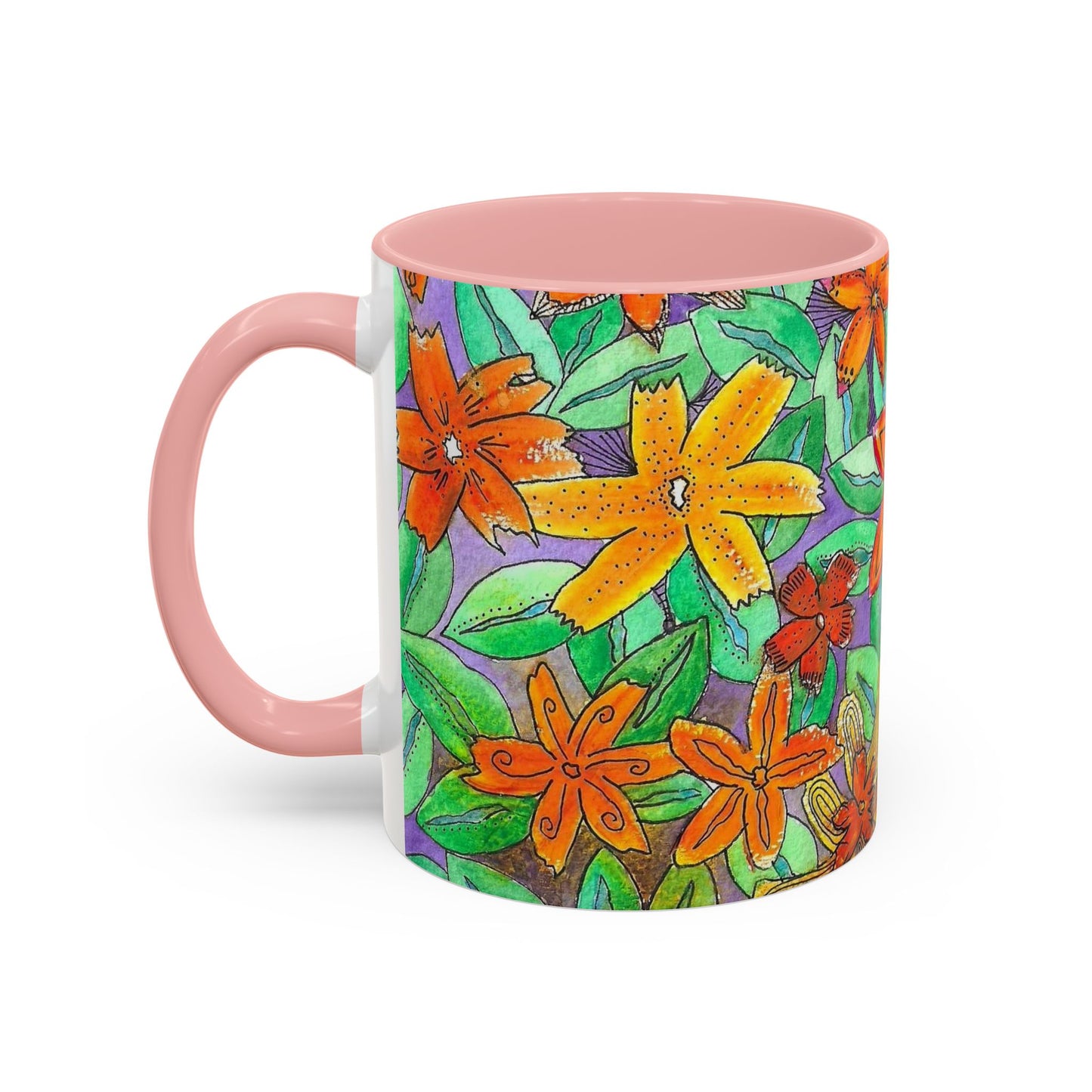 Floral Burst Accent Coffee Mug — Orange & Green Hand-Drawn Flower Design (11 oz)