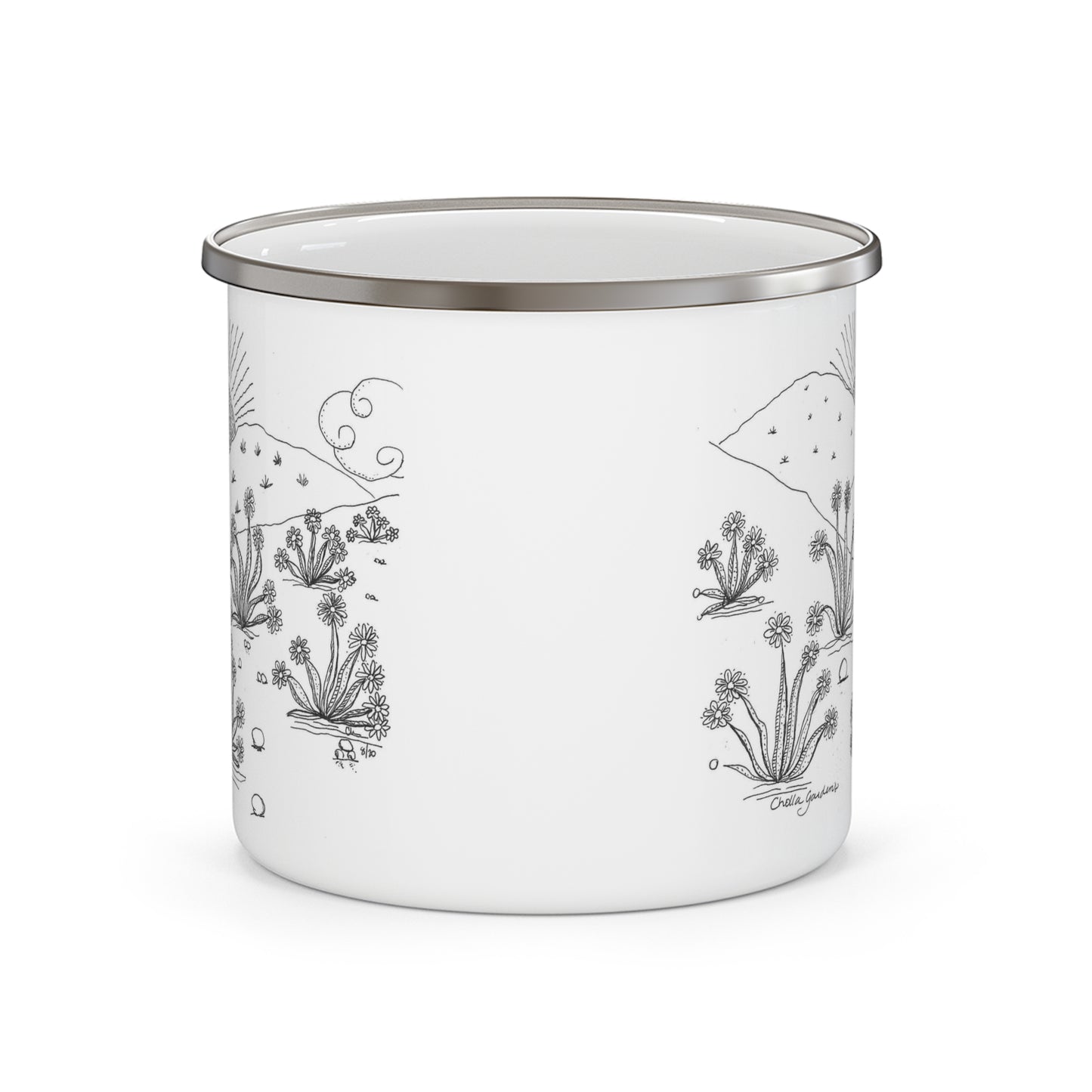 Enamel Camping Mug — Hand-Drawn Desert Sunrise Illustration