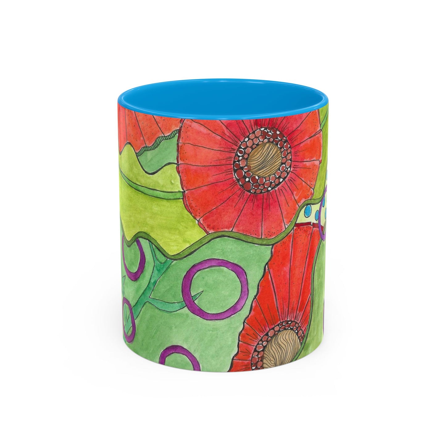 Floral Pop Art Mug — Bright Red Poppies on Green Background 11oz