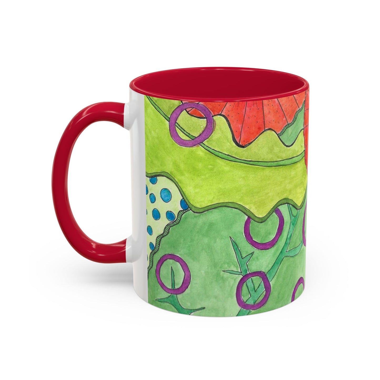 Floral Pop Art Mug — Bright Red Poppies on Green Background 11oz