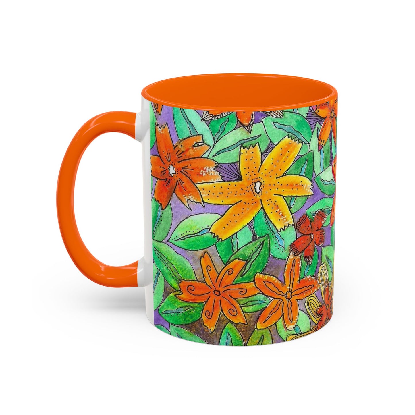 Floral Burst Accent Coffee Mug — Orange & Green Hand-Drawn Flower Design (11 oz)