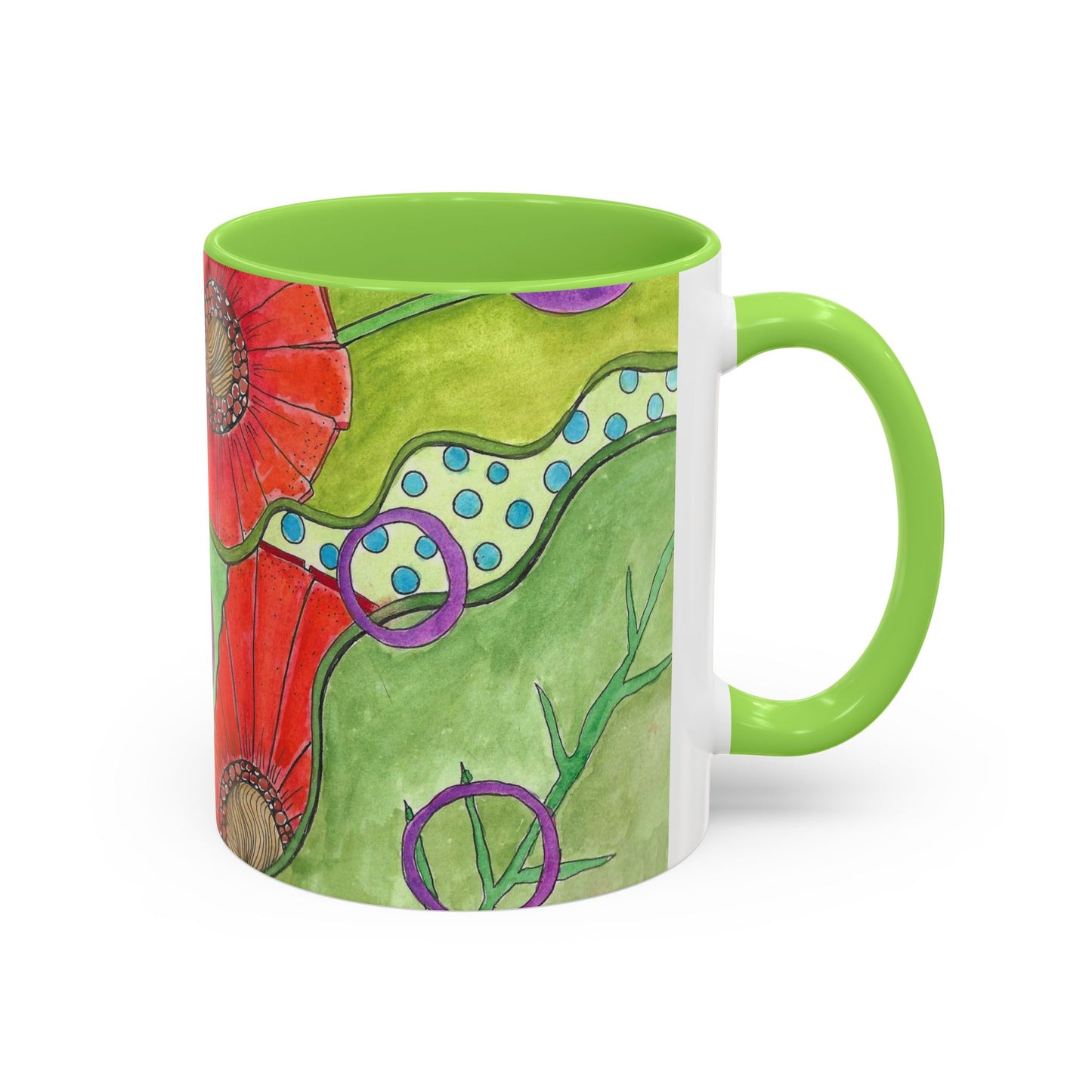 Floral Pop Art Mug — Bright Red Poppies on Green Background 11oz