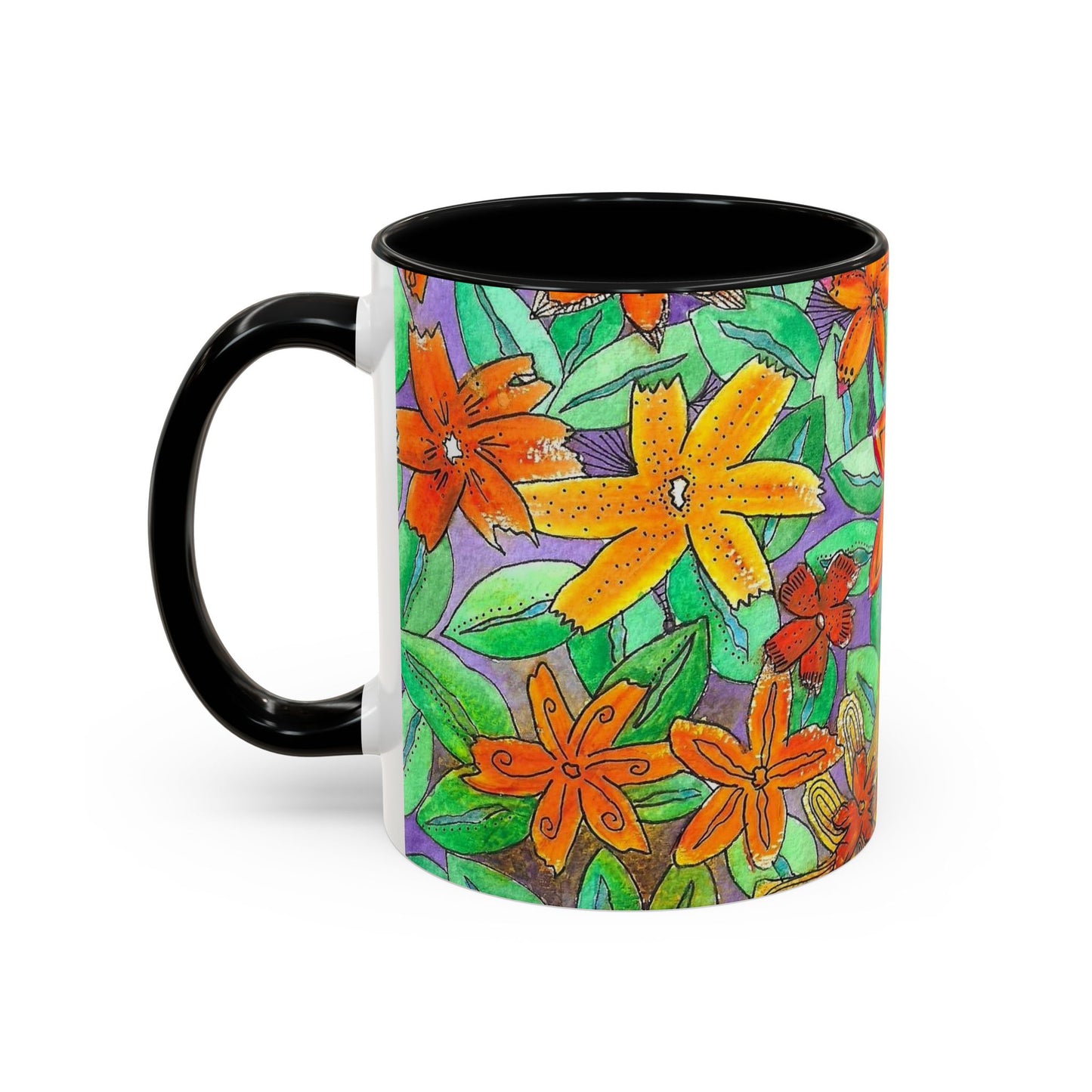 Floral Burst Accent Coffee Mug — Orange & Green Hand-Drawn Flower Design (11 oz)