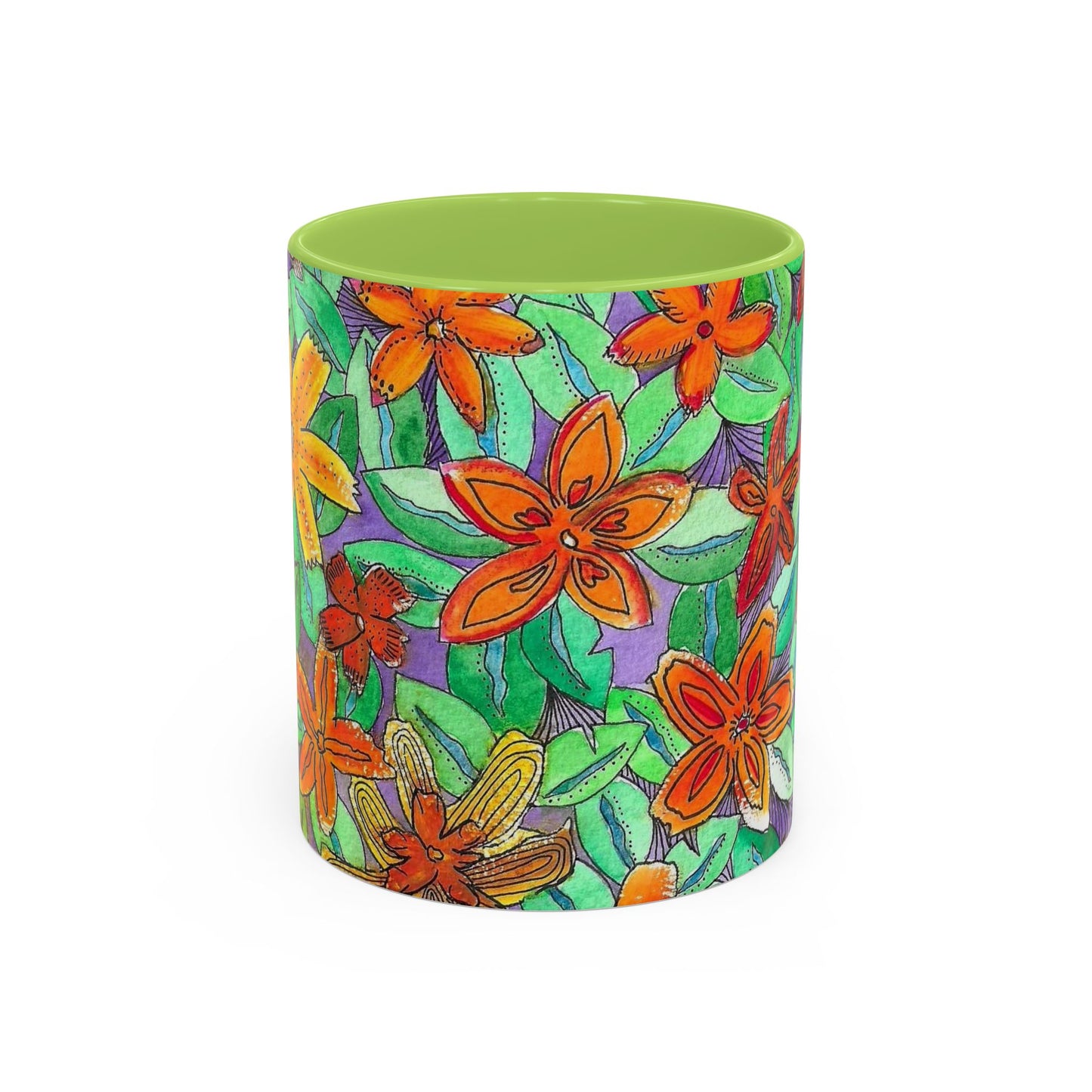 Floral Burst Accent Coffee Mug — Orange & Green Hand-Drawn Flower Design (11 oz)
