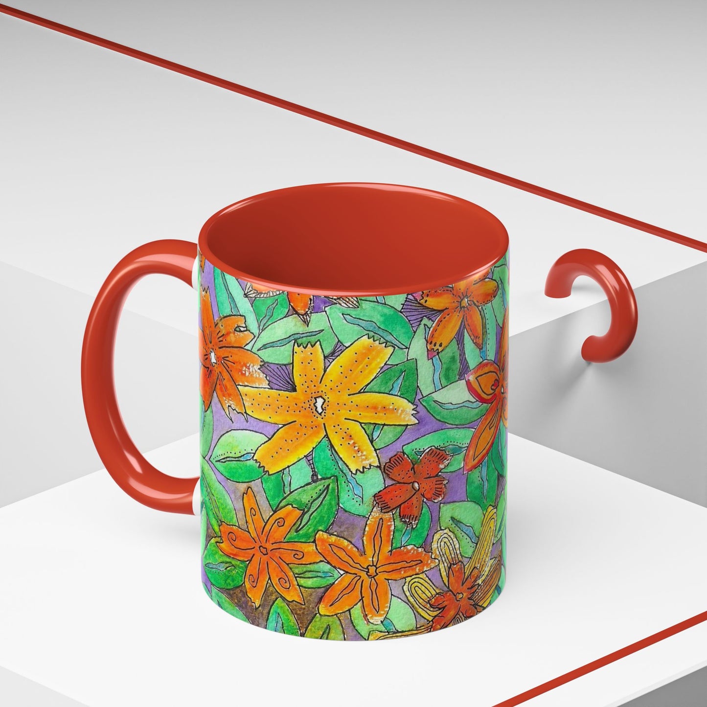 Floral Burst Accent Coffee Mug — Orange & Green Hand-Drawn Flower Design (11 oz)