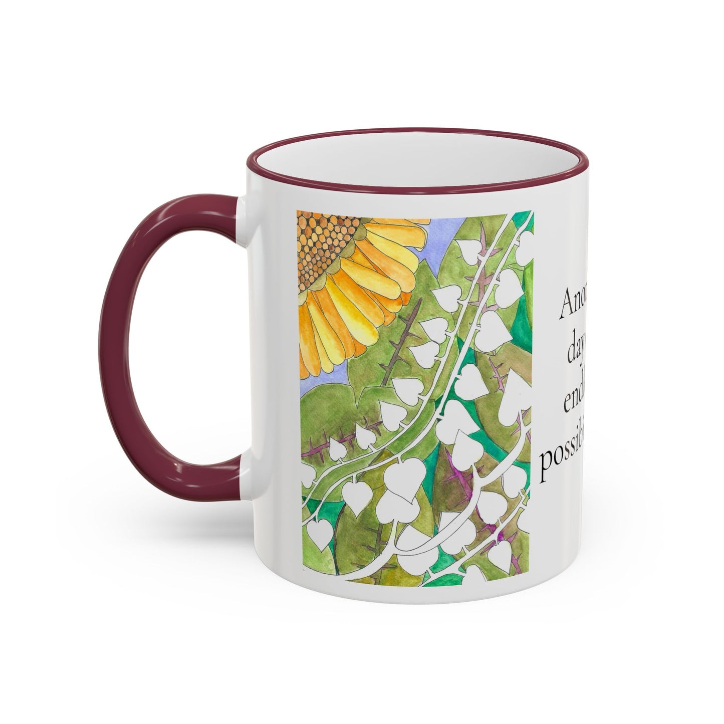 Inspirational Sunflower Accent Rim Mug — "Another day of endless possibilities" 11oz