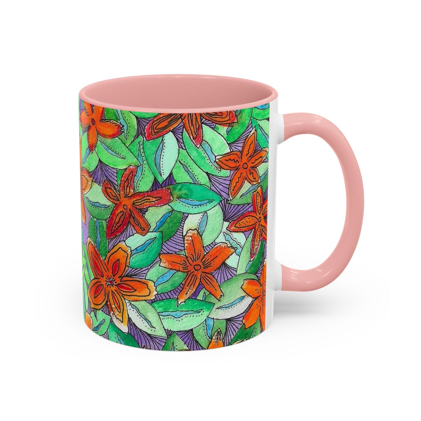 Floral Burst Accent Coffee Mug — Orange & Green Hand-Drawn Flower Design (11 oz)