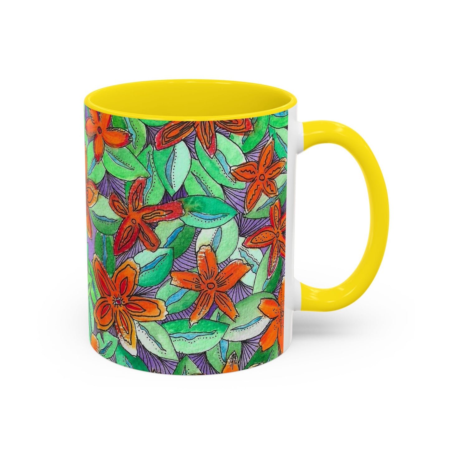 Floral Burst Accent Coffee Mug — Orange & Green Hand-Drawn Flower Design (11 oz)