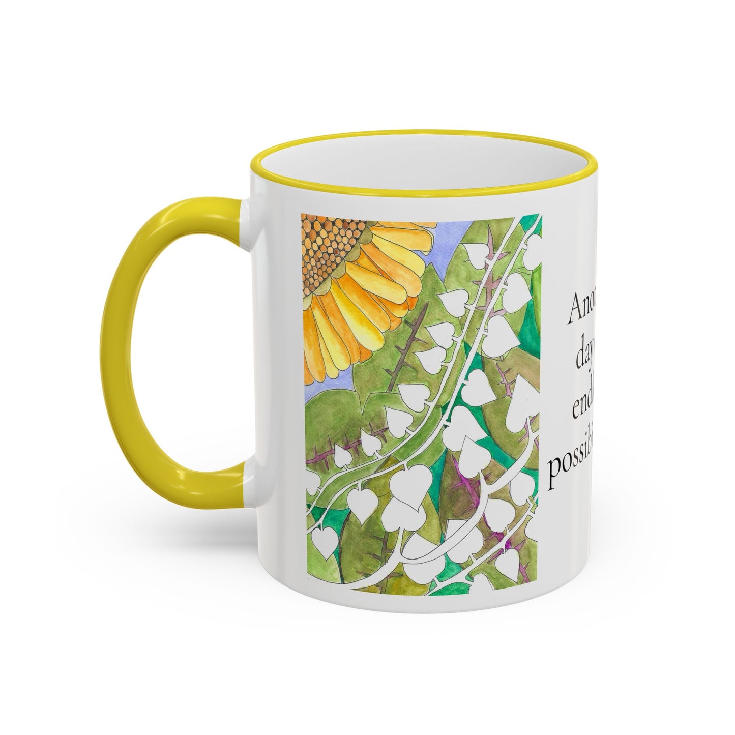 Inspirational Sunflower Accent Rim Mug — "Another day of endless possibilities" 11oz
