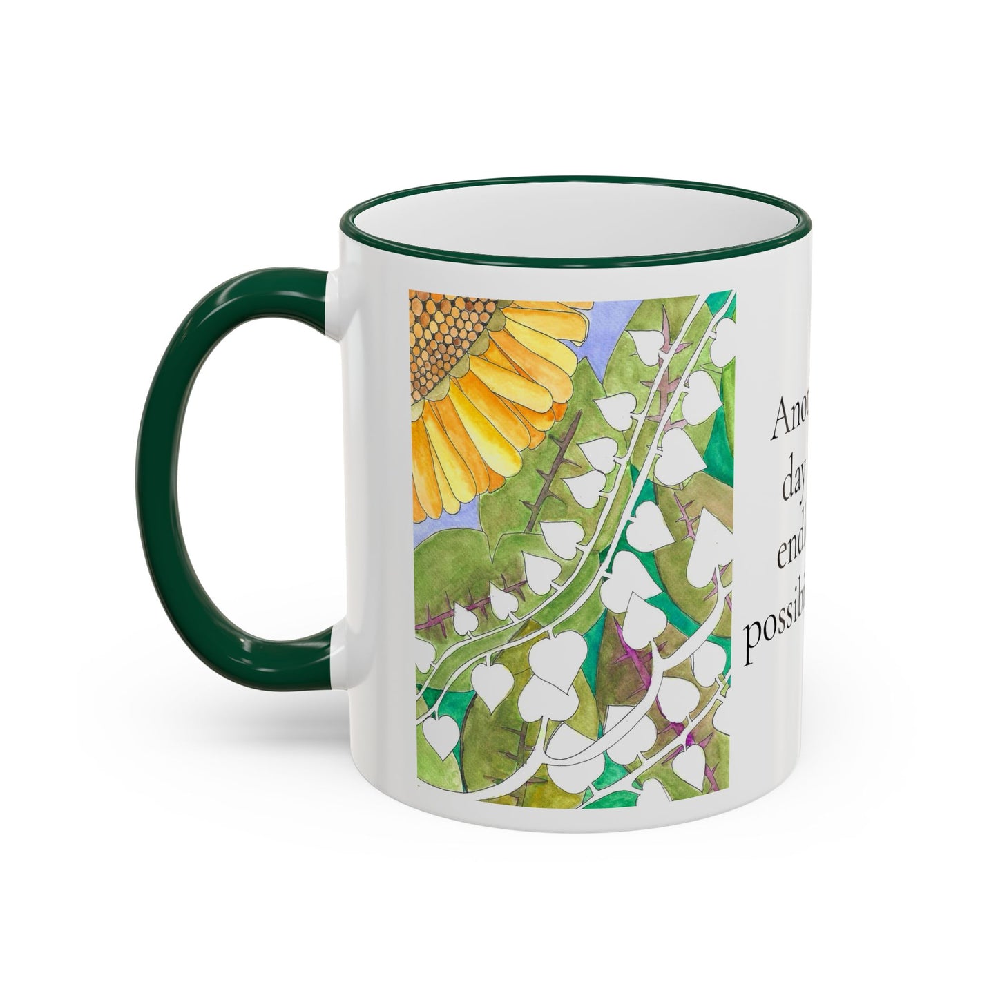 Inspirational Sunflower Accent Rim Mug — "Another day of endless possibilities" 11oz