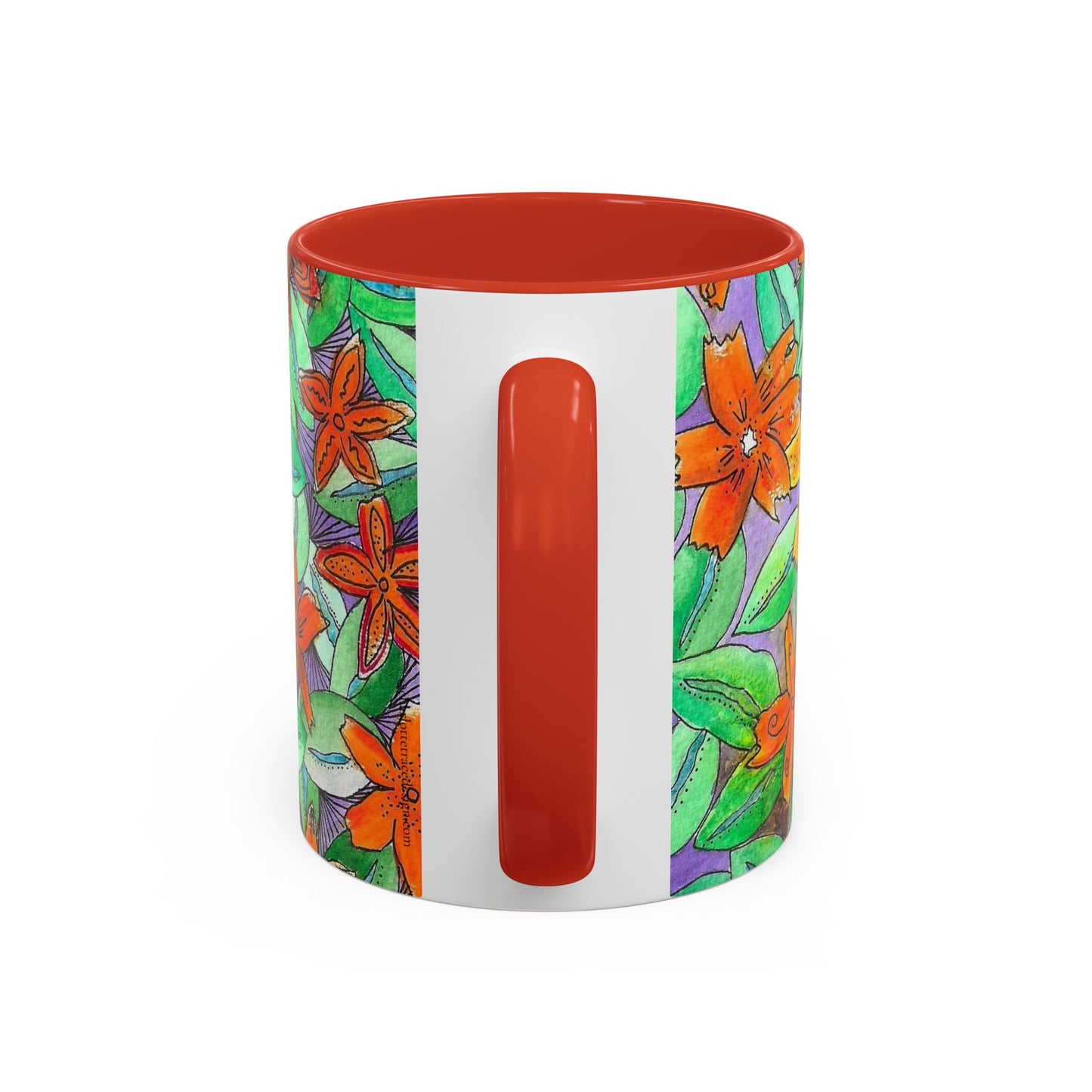 Floral Burst Accent Coffee Mug — Orange & Green Hand-Drawn Flower Design (11 oz)