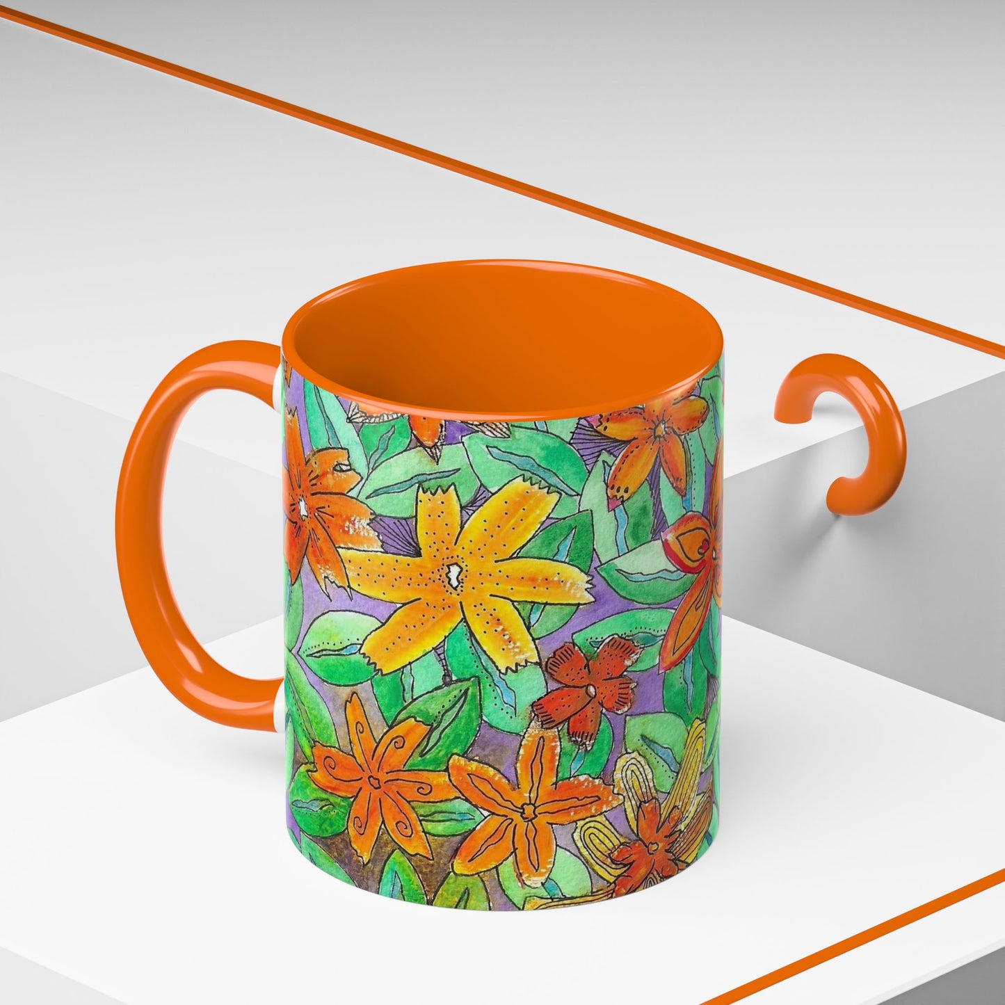 Floral Burst Accent Coffee Mug — Orange & Green Hand-Drawn Flower Design (11 oz)