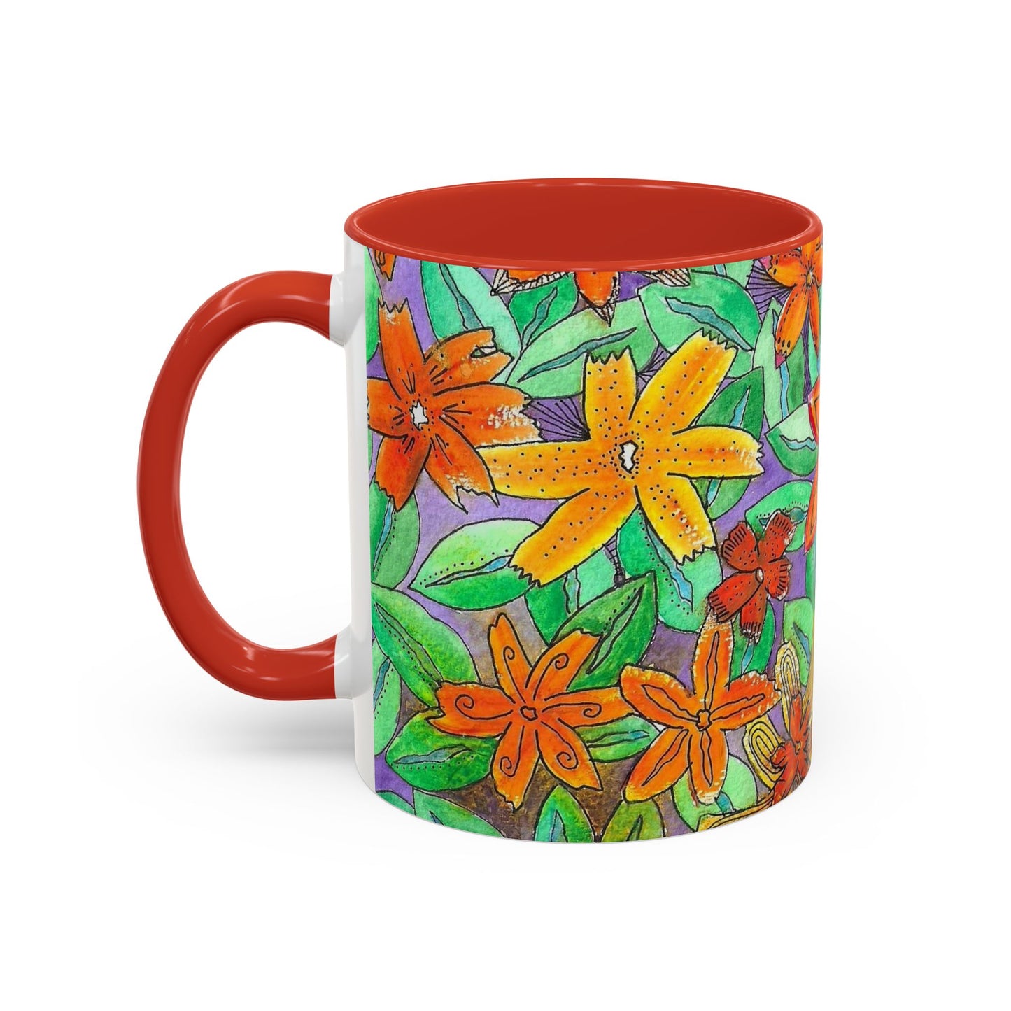 Floral Burst Accent Coffee Mug — Orange & Green Hand-Drawn Flower Design (11 oz)