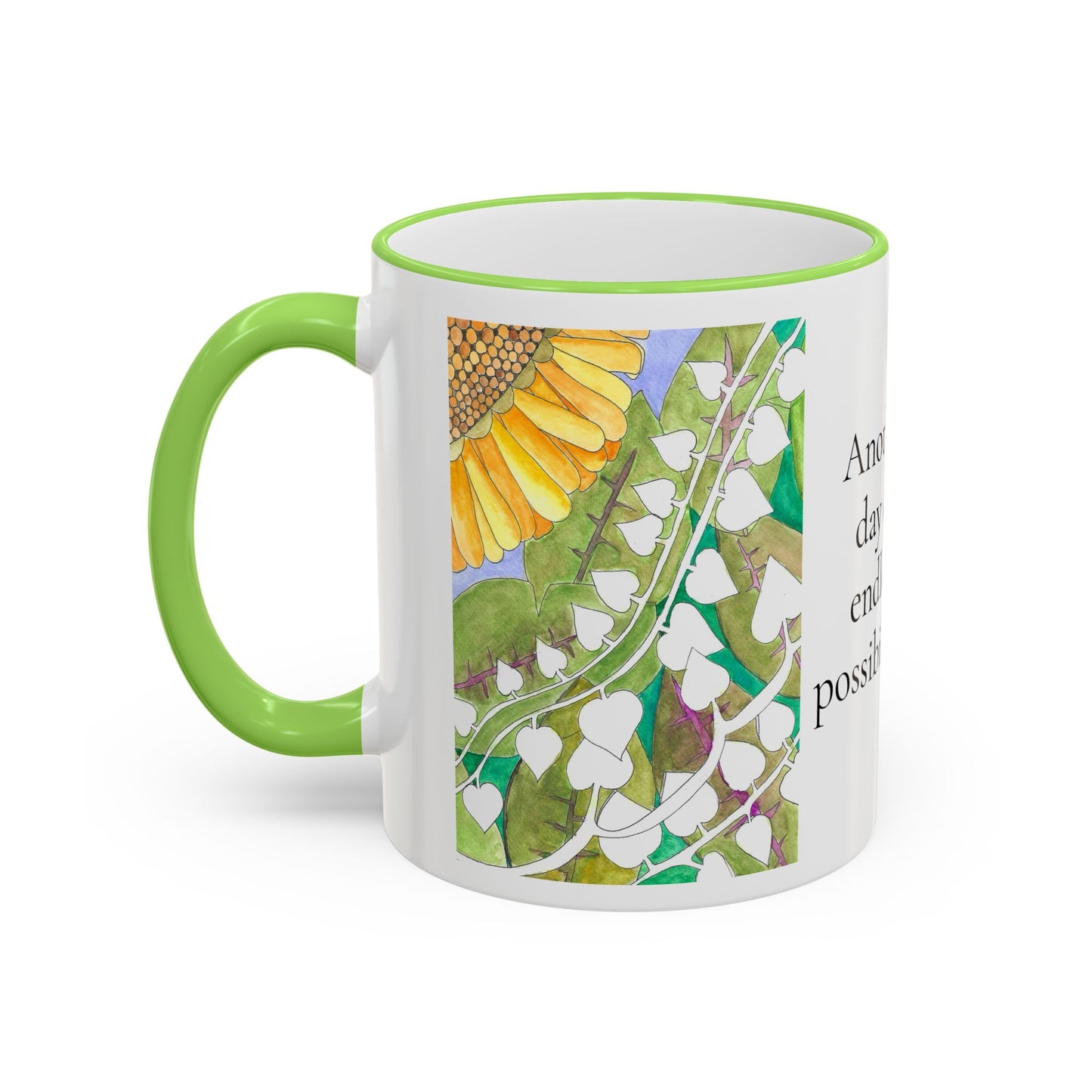 Inspirational Sunflower Accent Rim Mug — "Another day of endless possibilities" 11oz