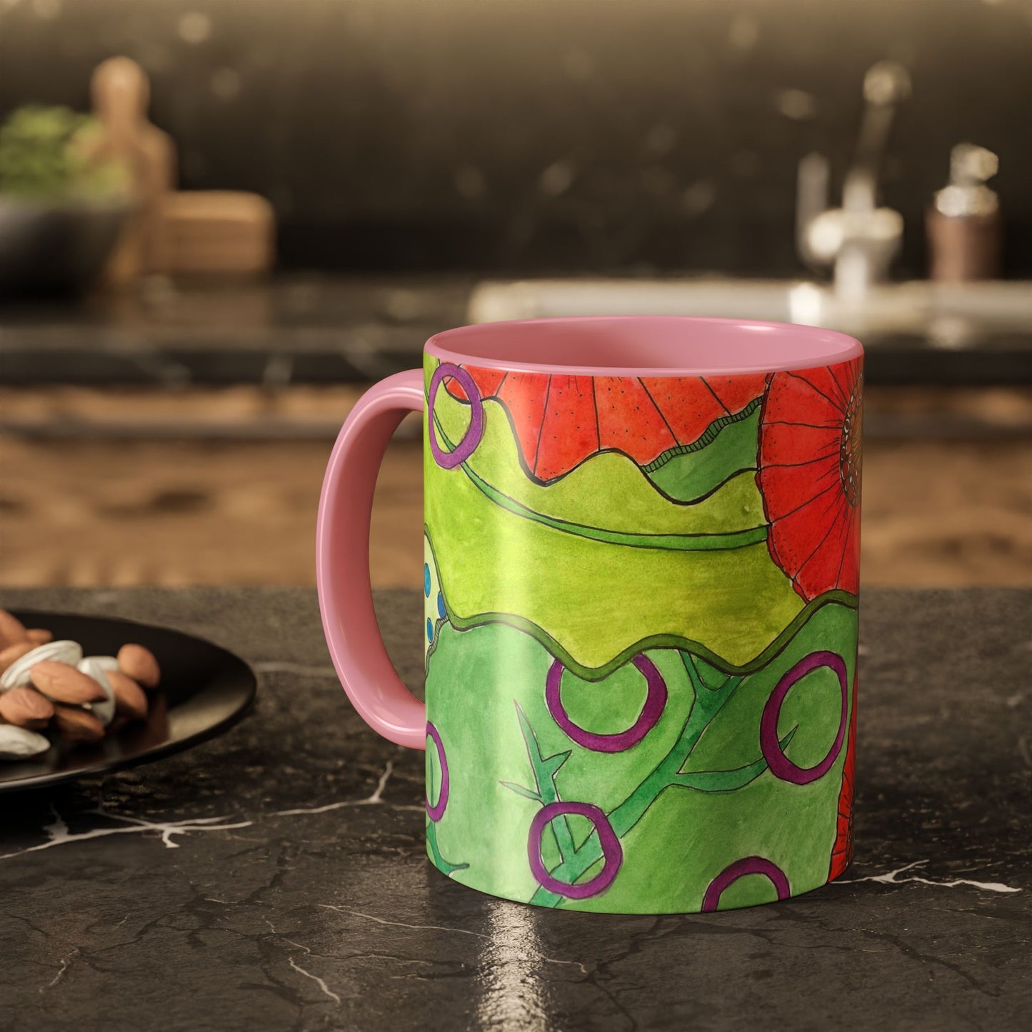 Floral Pop Art Mug — Bright Red Poppies on Green Background 11oz