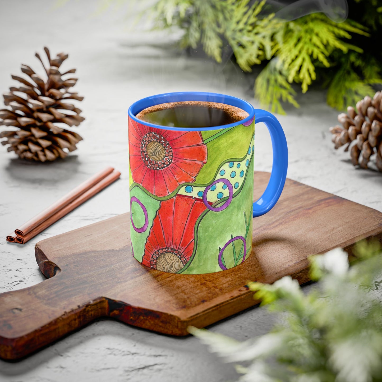 Floral Pop Art Mug — Bright Red Poppies on Green Background 11oz
