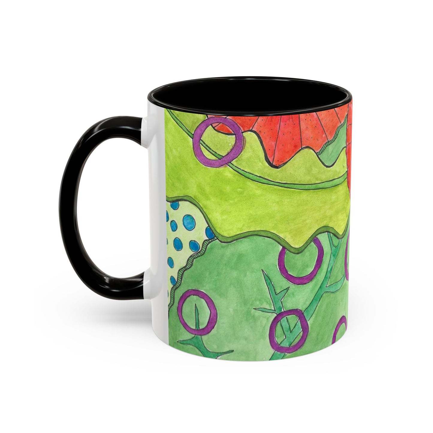 Floral Pop Art Mug — Bright Red Poppies on Green Background 11oz