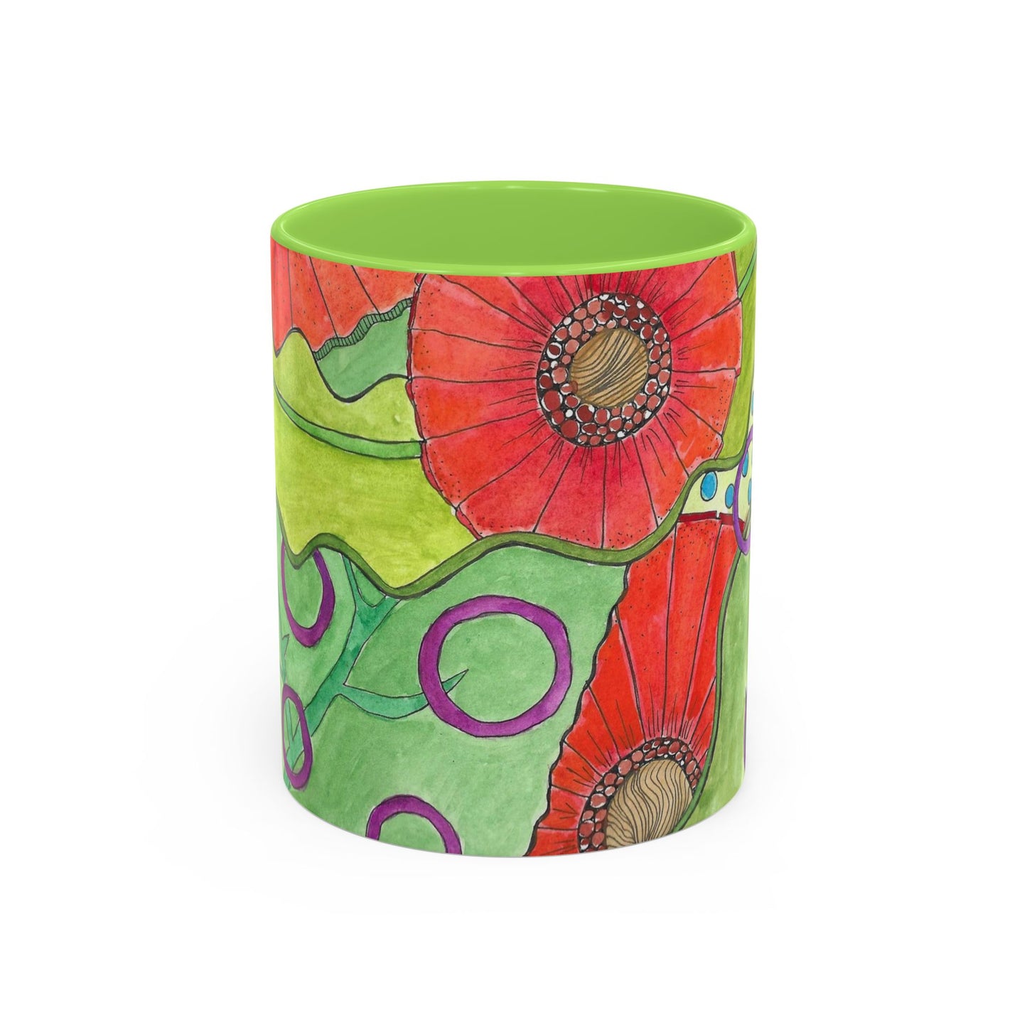 Floral Pop Art Mug — Bright Red Poppies on Green Background 11oz