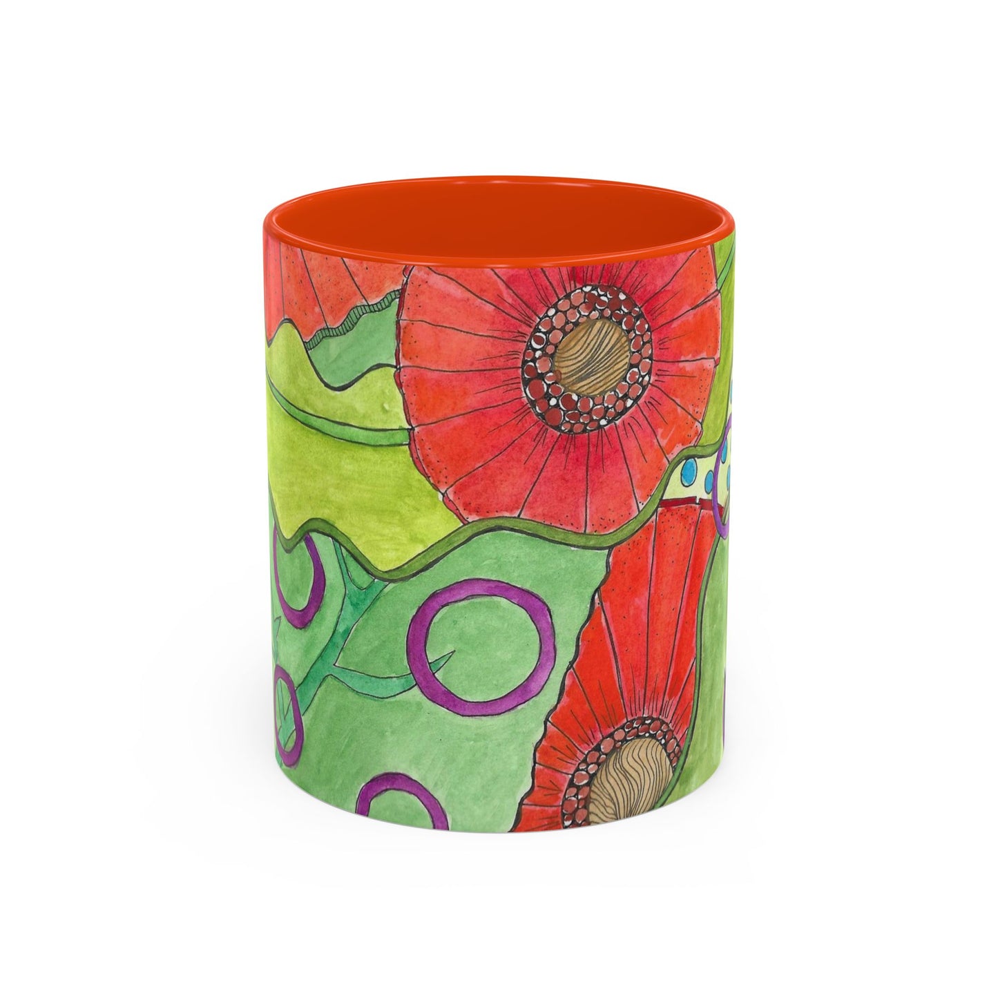 Floral Pop Art Mug — Bright Red Poppies on Green Background 11oz