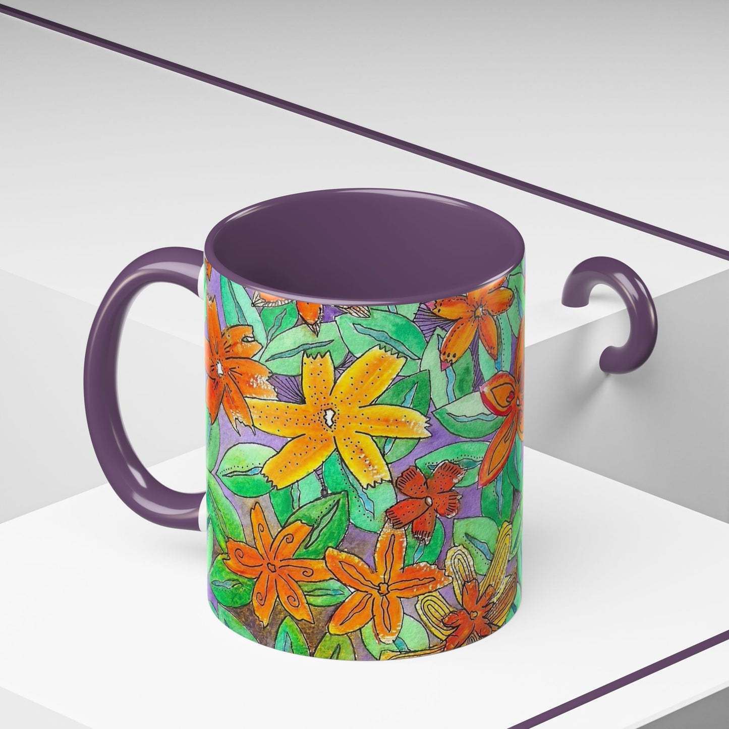 Floral Burst Accent Coffee Mug — Orange & Green Hand-Drawn Flower Design (11 oz)
