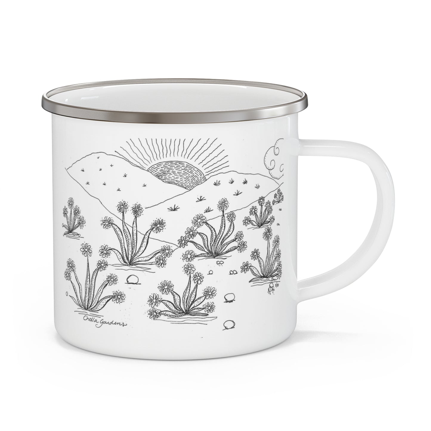 Enamel Camping Mug — Hand-Drawn Desert Sunrise Illustration