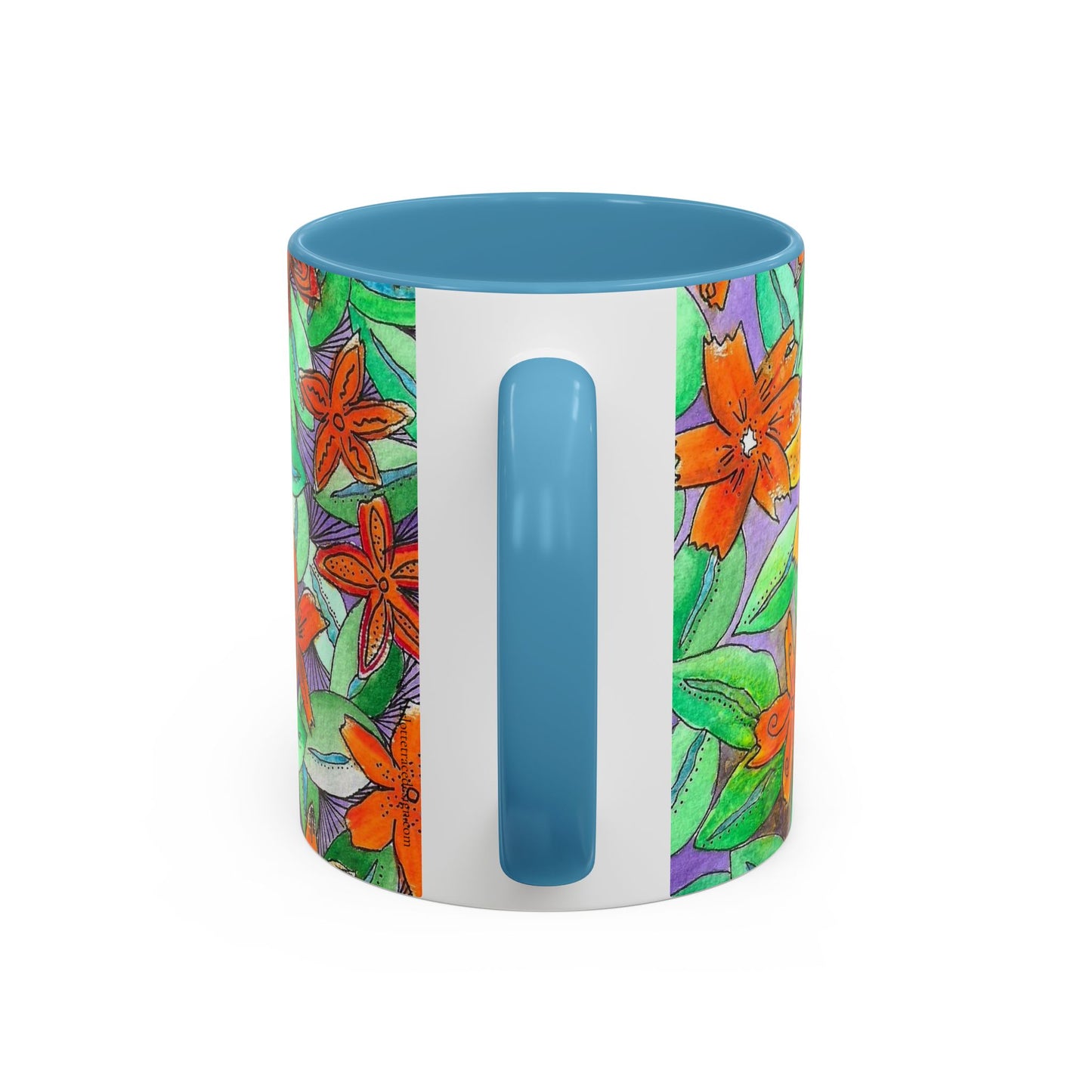 Floral Burst Accent Coffee Mug — Orange & Green Hand-Drawn Flower Design (11 oz)
