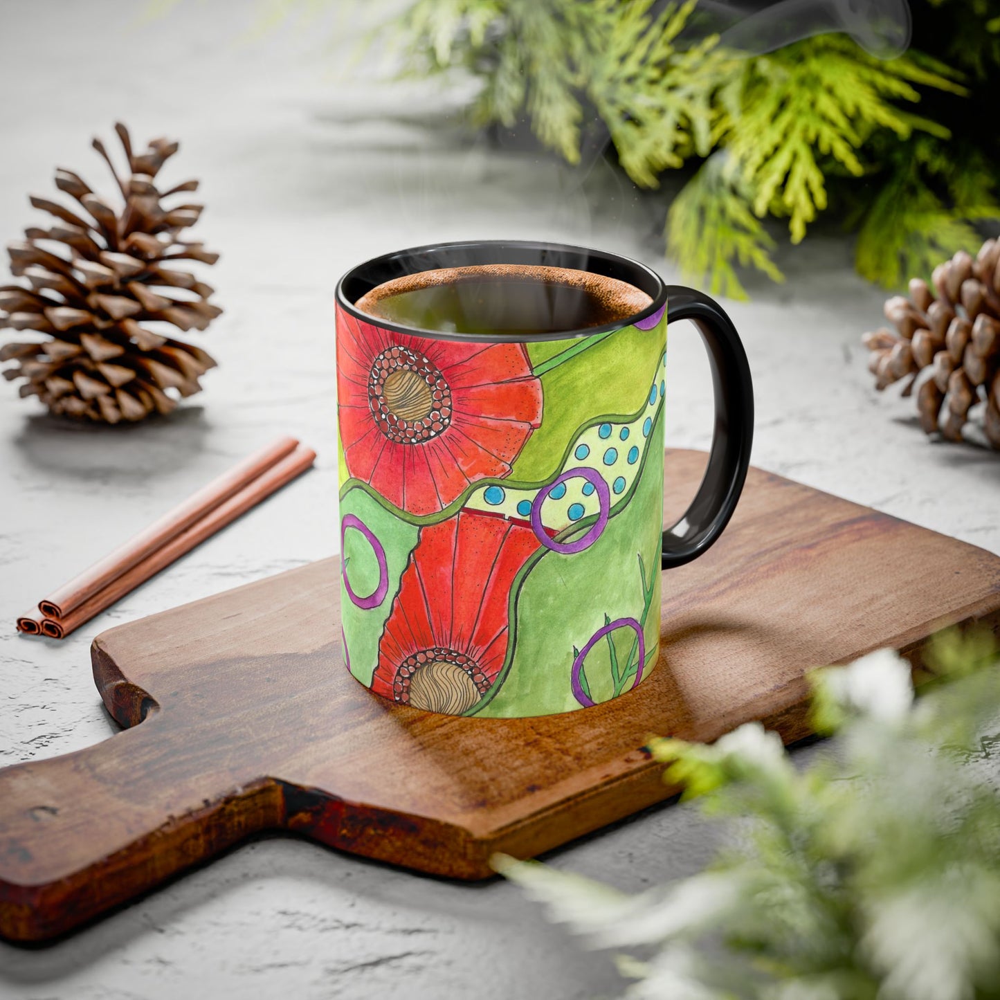 Floral Pop Art Mug — Bright Red Poppies on Green Background 11oz