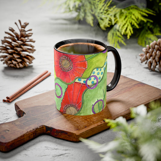 Floral Pop Art Mug — Bright Red Poppies on Green Background 11oz