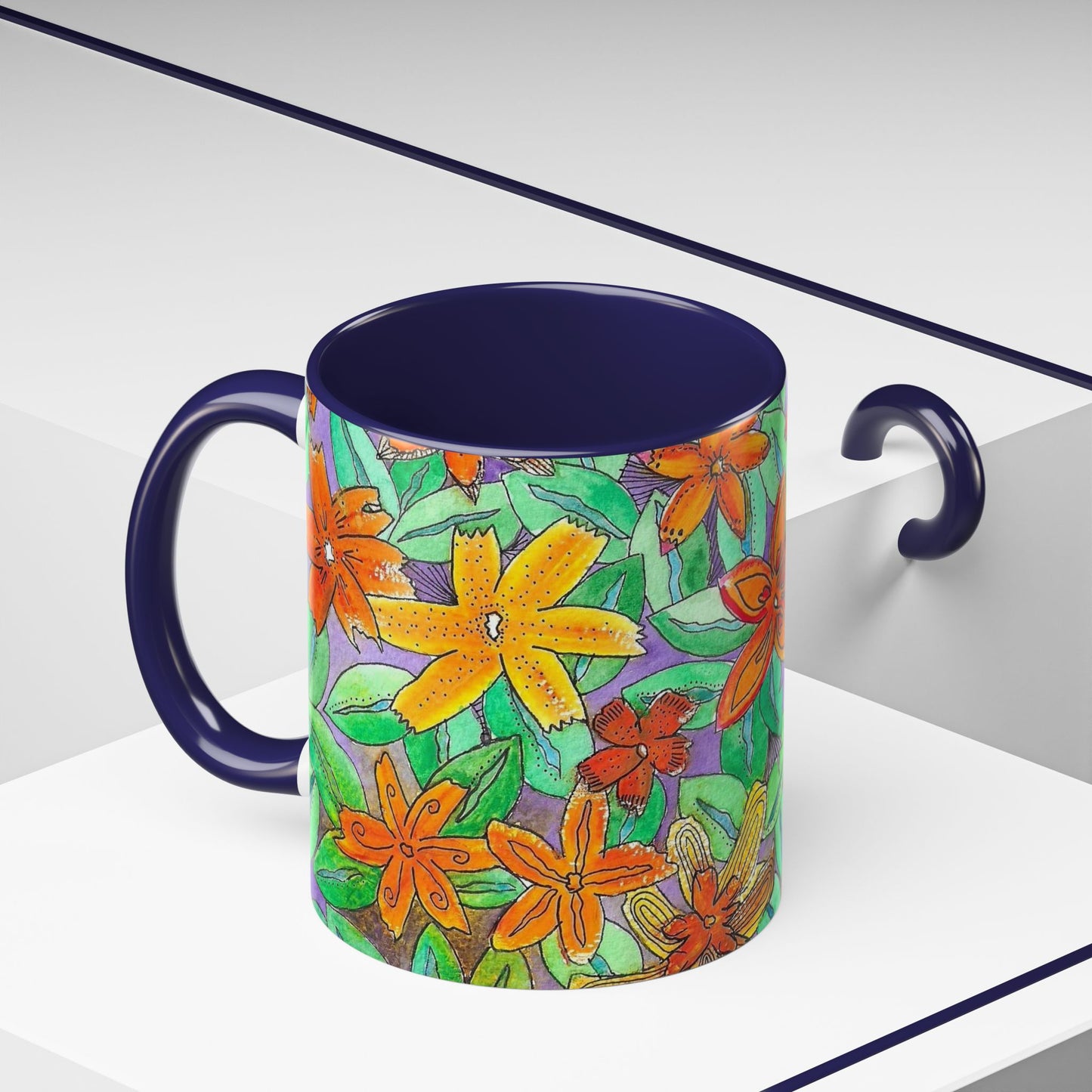Floral Burst Accent Coffee Mug — Orange & Green Hand-Drawn Flower Design (11 oz)