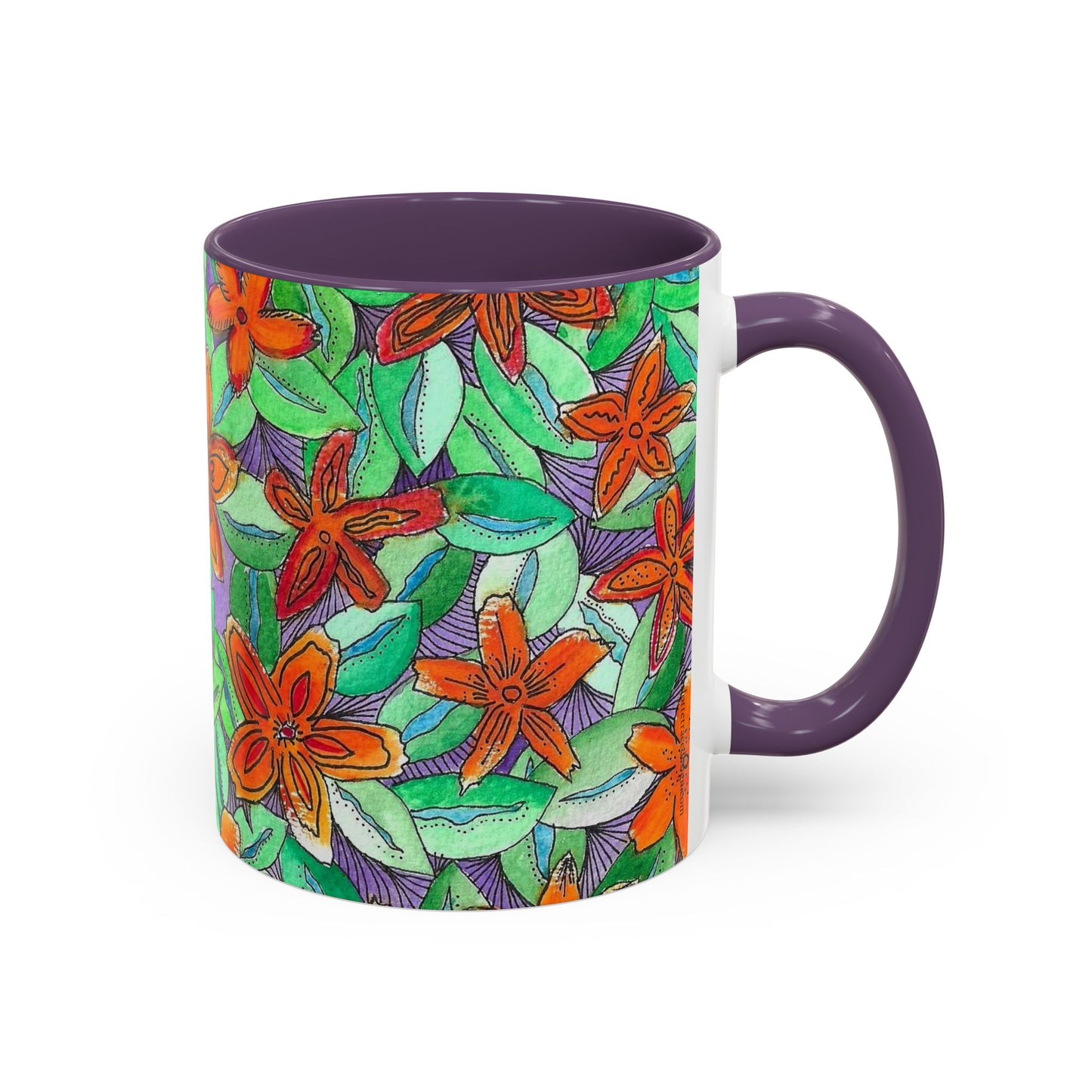 Floral Burst Accent Coffee Mug — Orange & Green Hand-Drawn Flower Design (11 oz)